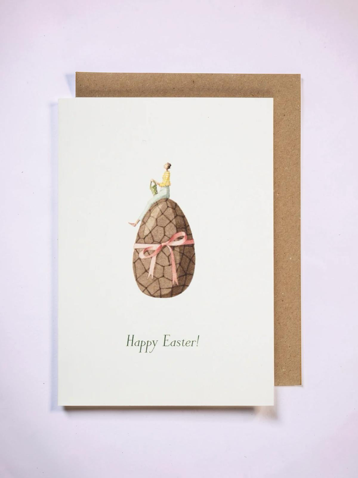 Easter card with an egg and chick illustration on a light background.