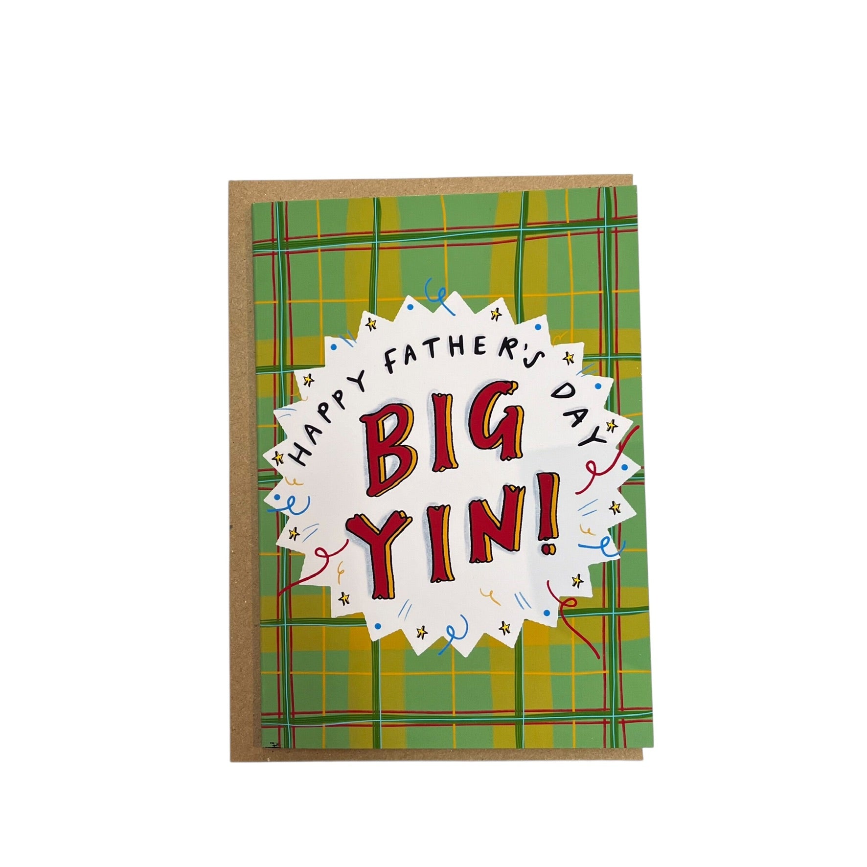 Father's Day card with the text 'Happy Fathers Day, Big Yin!' on a green tartan background. This A6 card is blank inside for your own message and is supplied with a brown kraft envelope in a biodegradable sleeve.