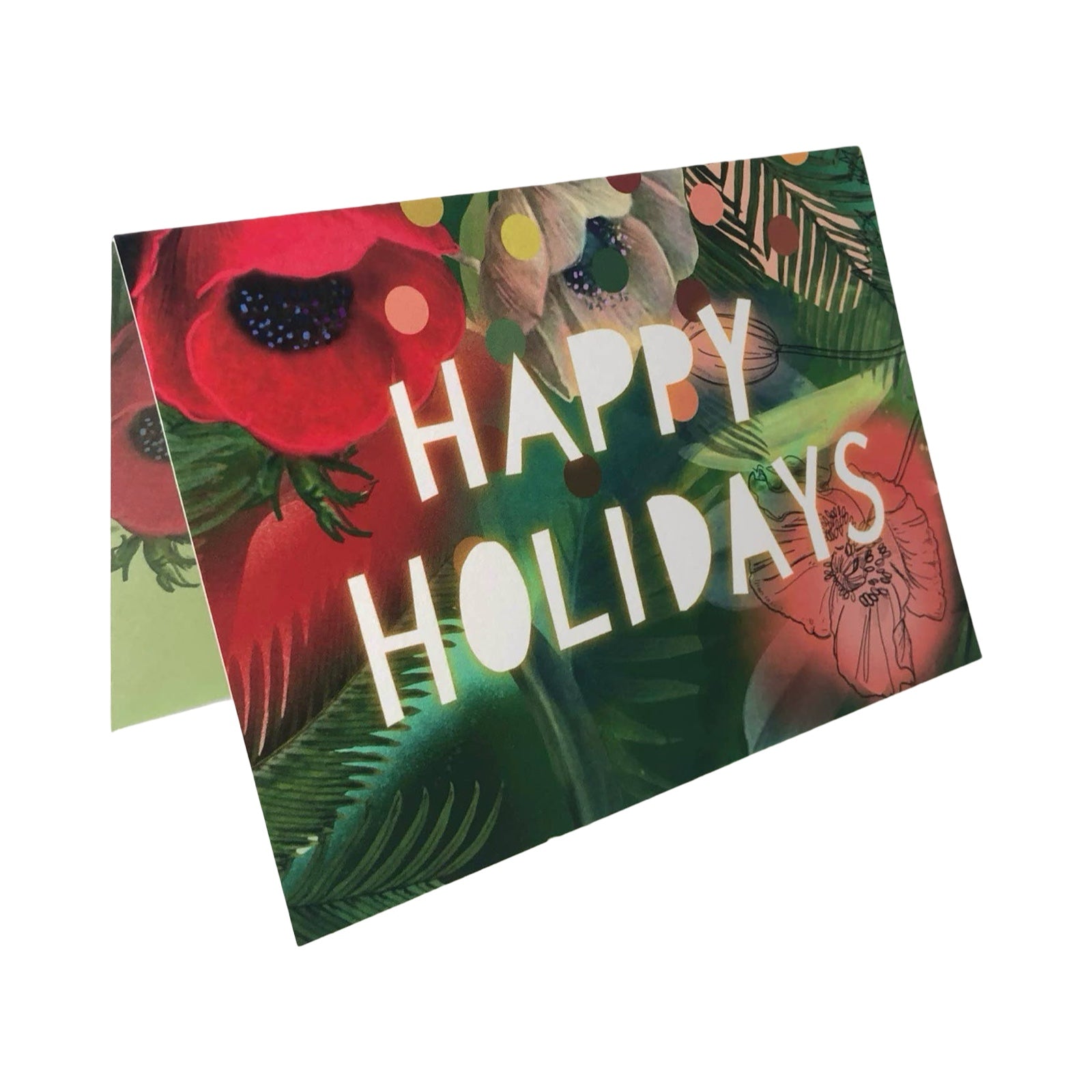 Holiday card with floral design and 'Happy Holidays' text on a white background.