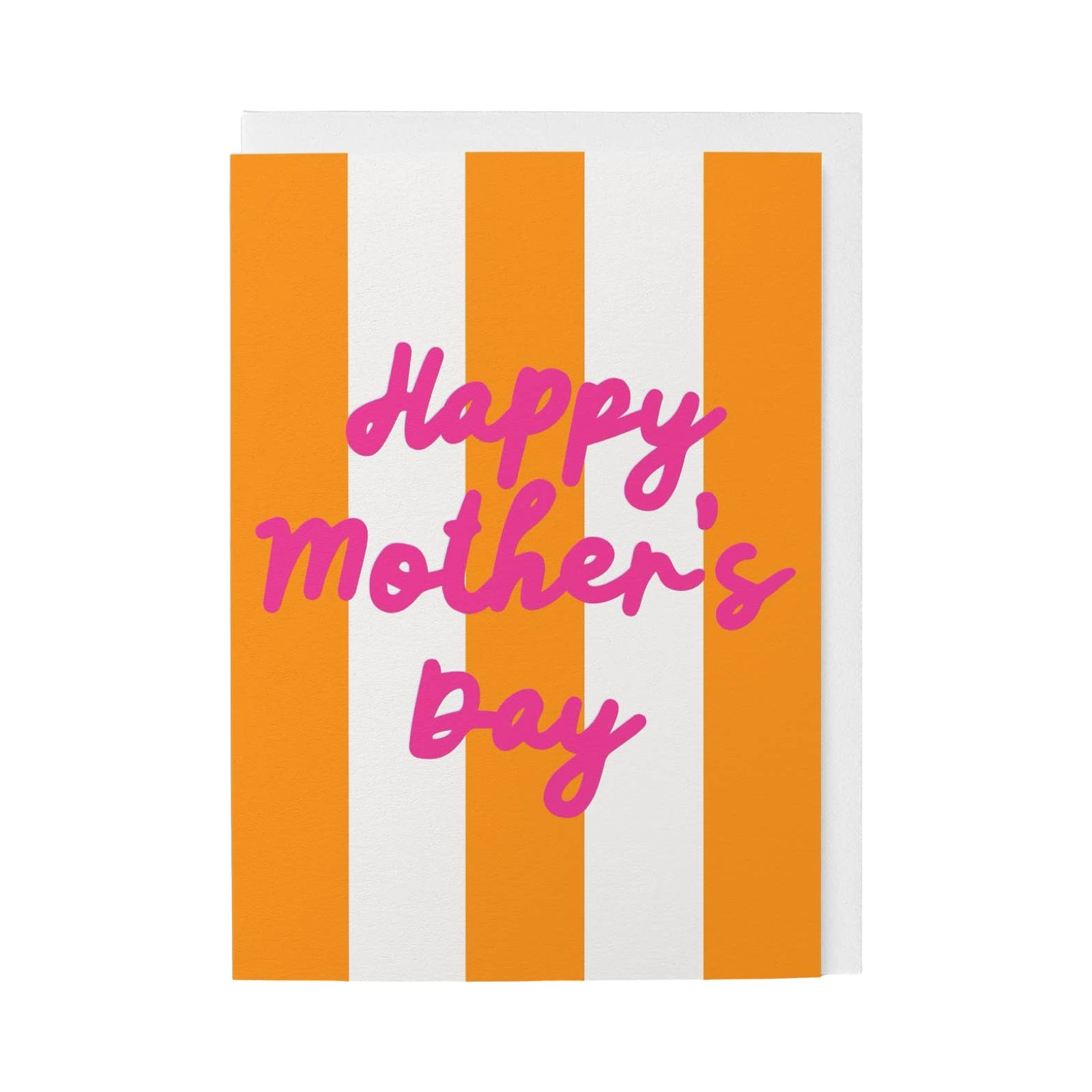 Greeting card with 'Happy Mother's Day' text on orange and white striped background.
