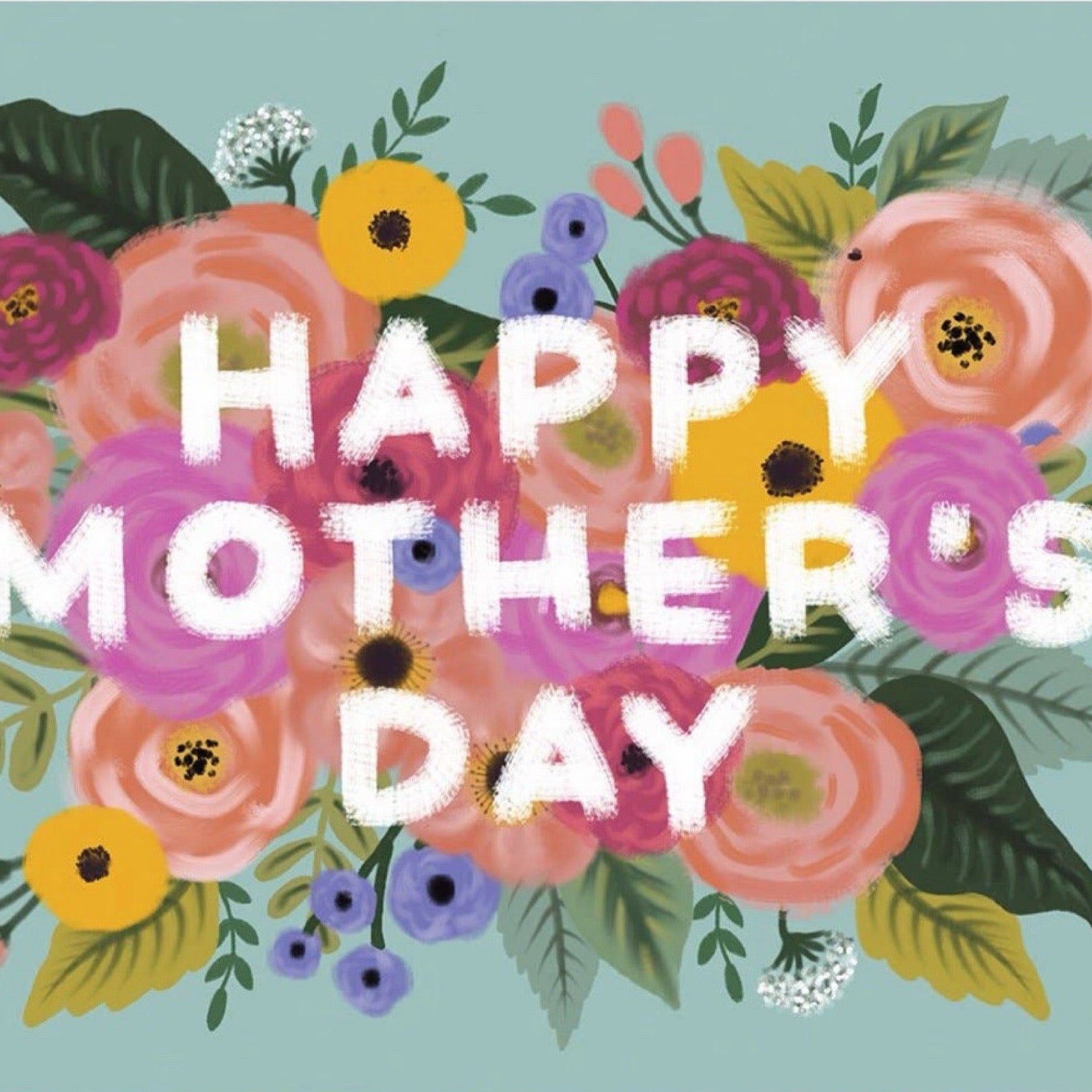 Mother's day card featuring a colourful bouquet against a pale blue background with the text 'Happy Mother's Day' in white in the centre.