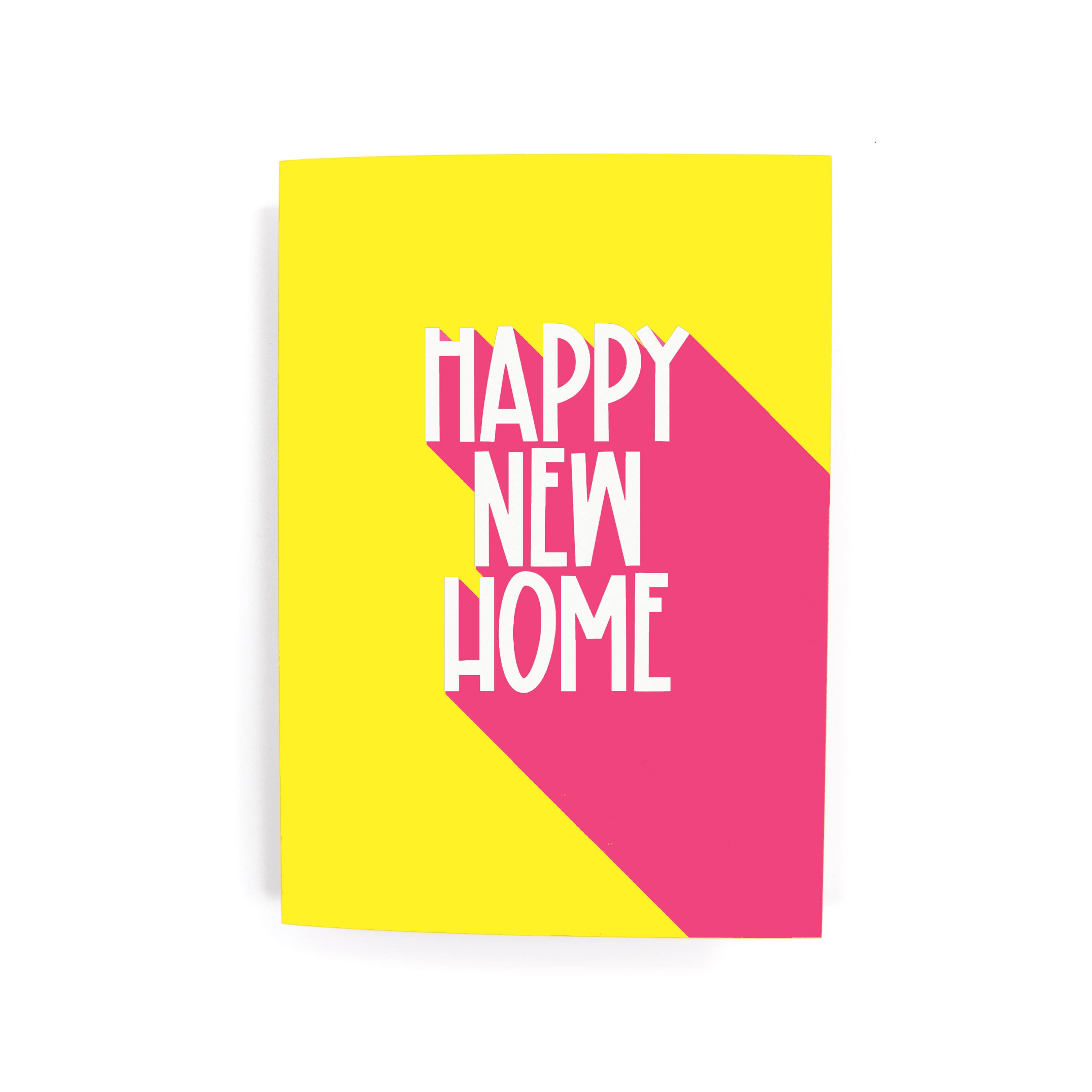 A yellow greeting card with 'HAPPY NEW HOME' text in white on a yellow and pink background, designed by Ryan McEwan Photography.