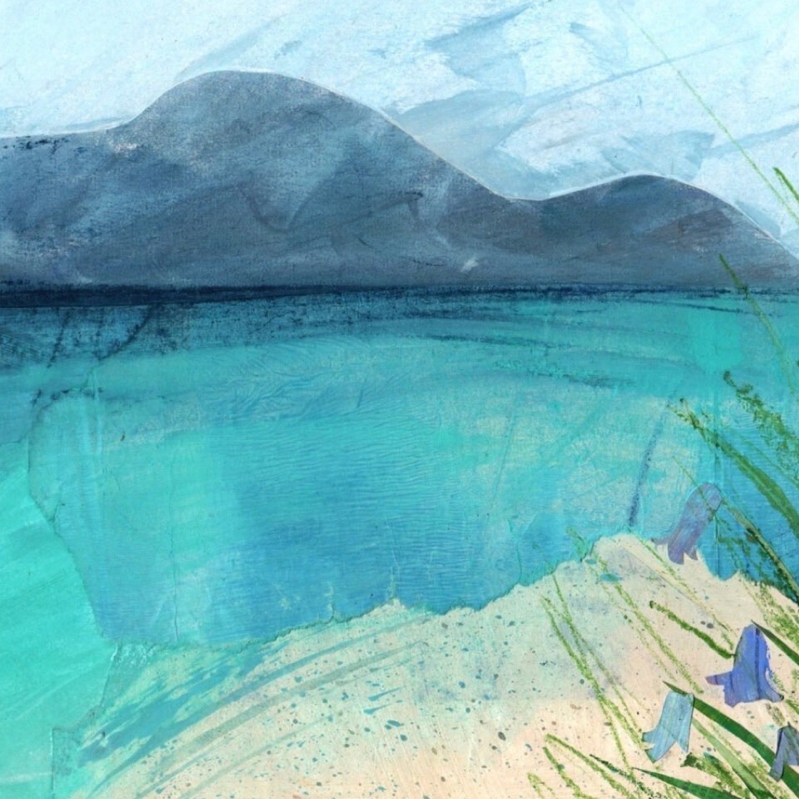 Art print featuring a mountain and lake.
