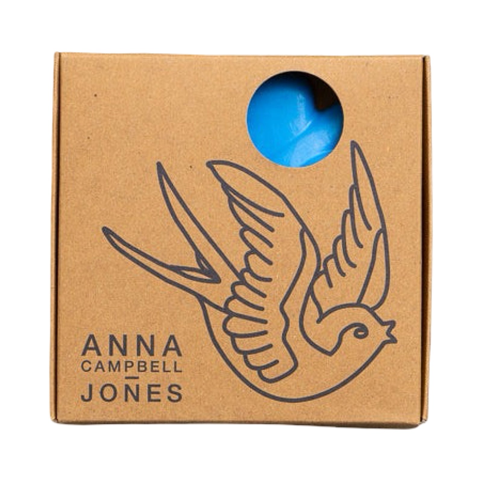 Cardboard box with a bird illustration and 'Anna Campbell Jones' branding on a white background.