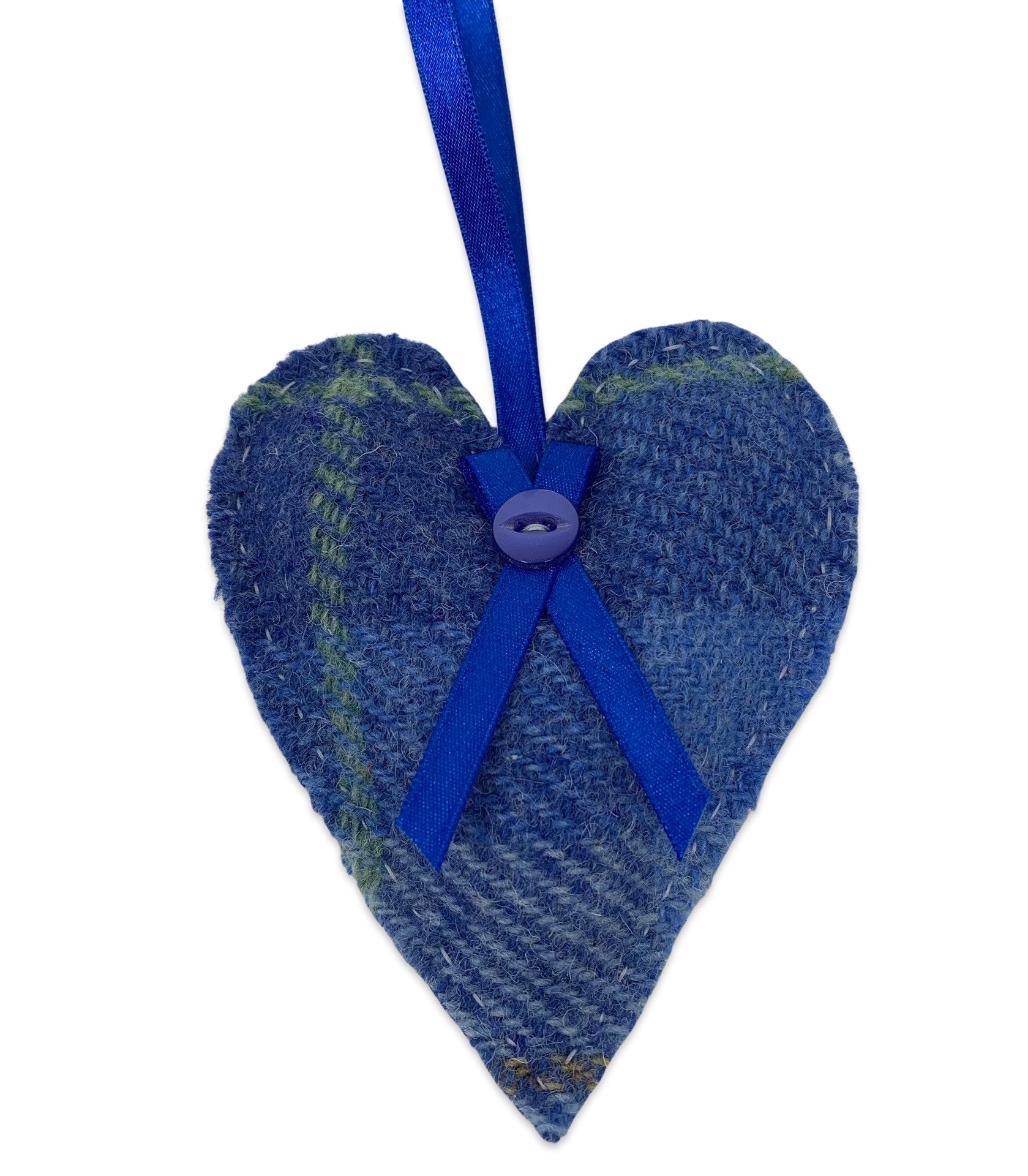 Blue Harris tweed lavender heart with blue ribbon and button detail