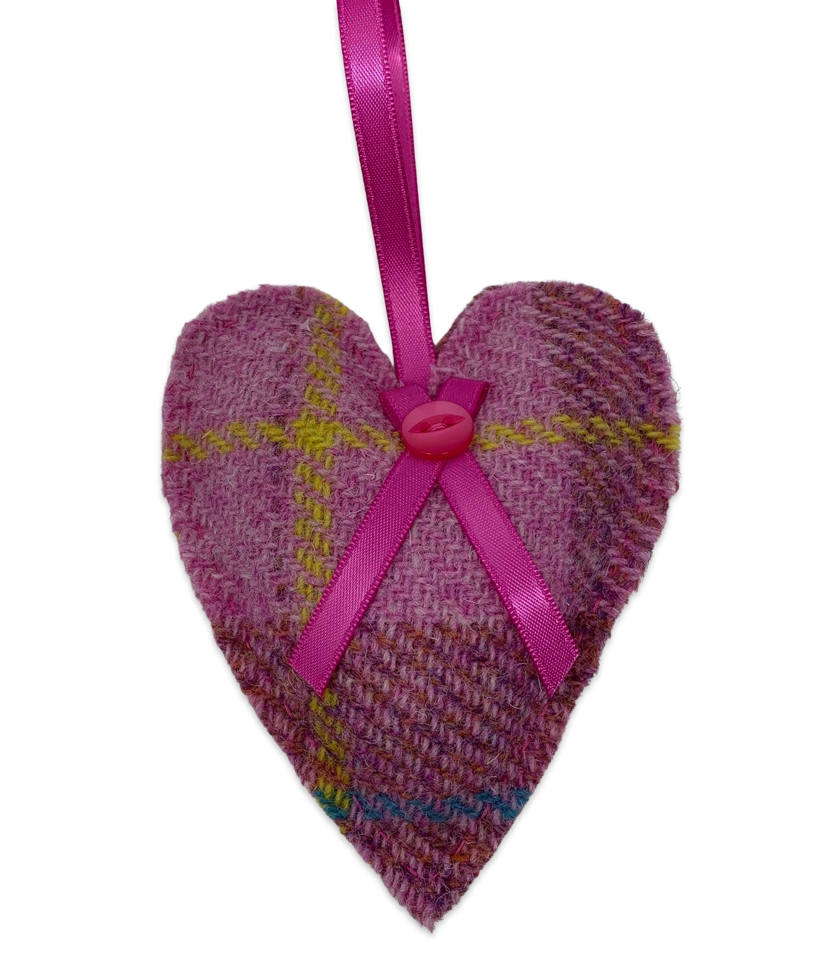 Pink Harris tweed lavender heart with pink ribbon and button detail