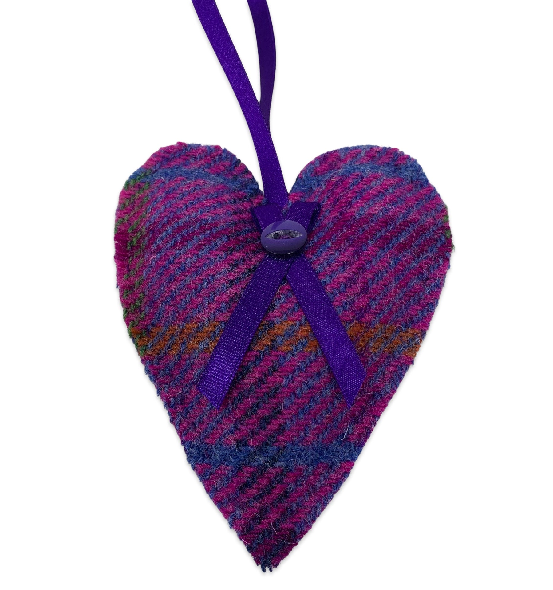 Purple Harris tweed lavender heart with purple ribbon and button detail.