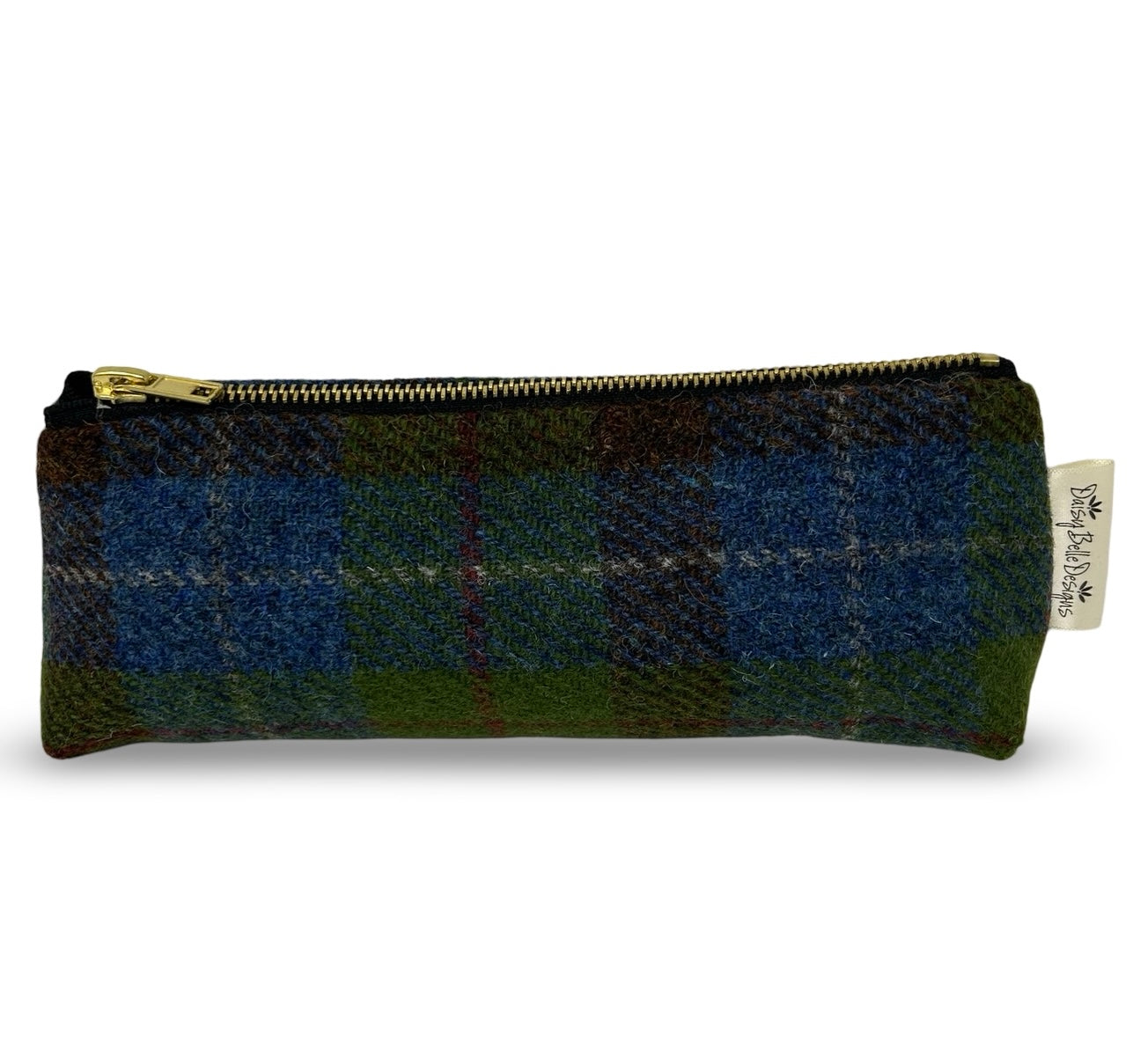 Navy blue an green tartan check pencil case in Harris tweed with a gold coloured zip.