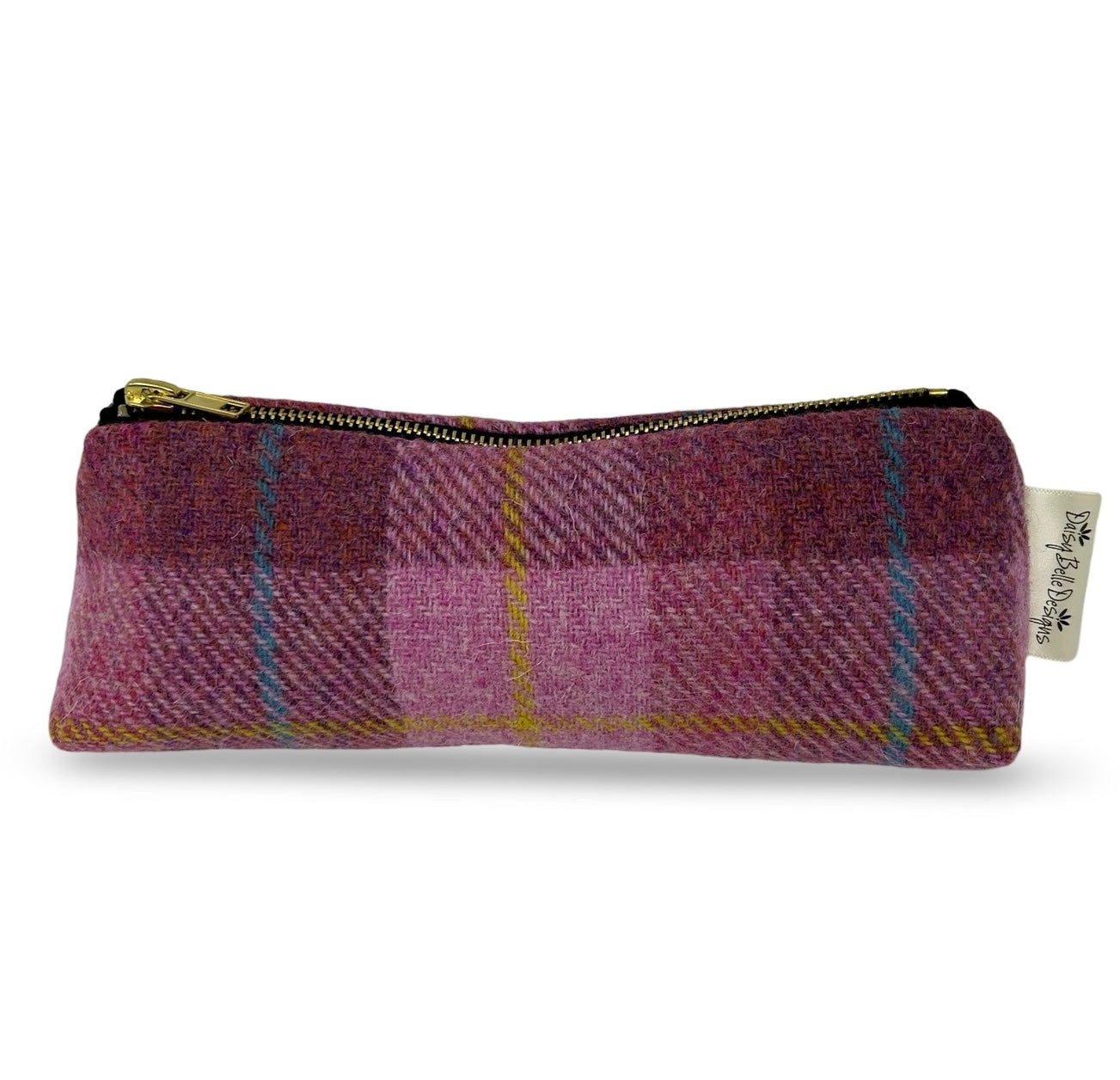 Pink check harris tweed pencil case with a gold zip.