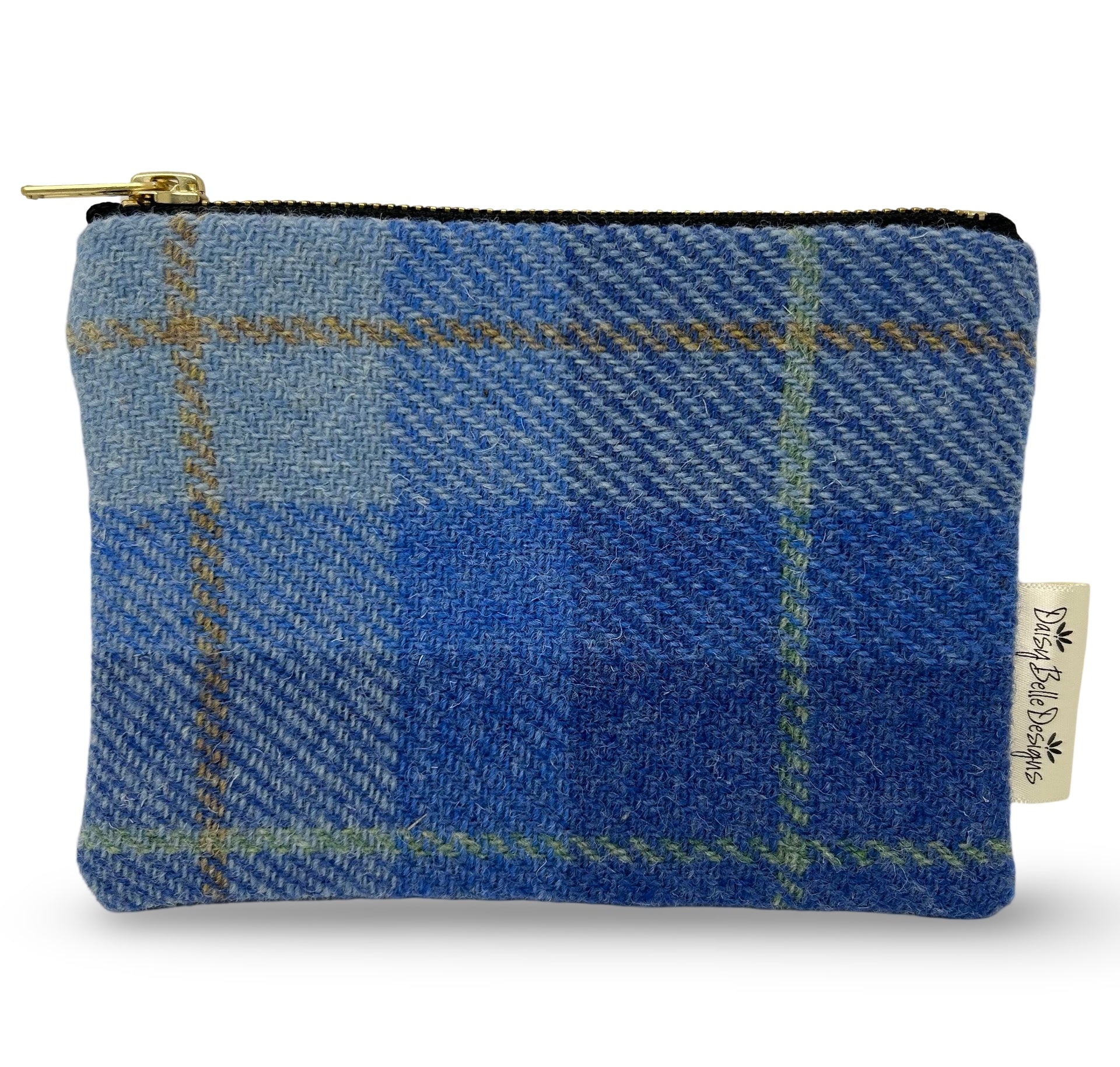 Pale blue rectangular Harris tweed purse with a gold zip.