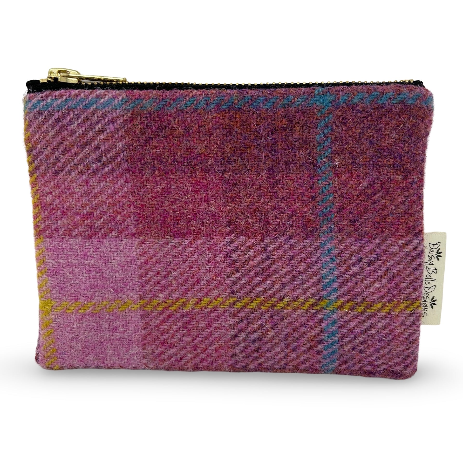 Rectangular Harris tweed purse, phone case or glasses case in pink tweed with a gold zip.