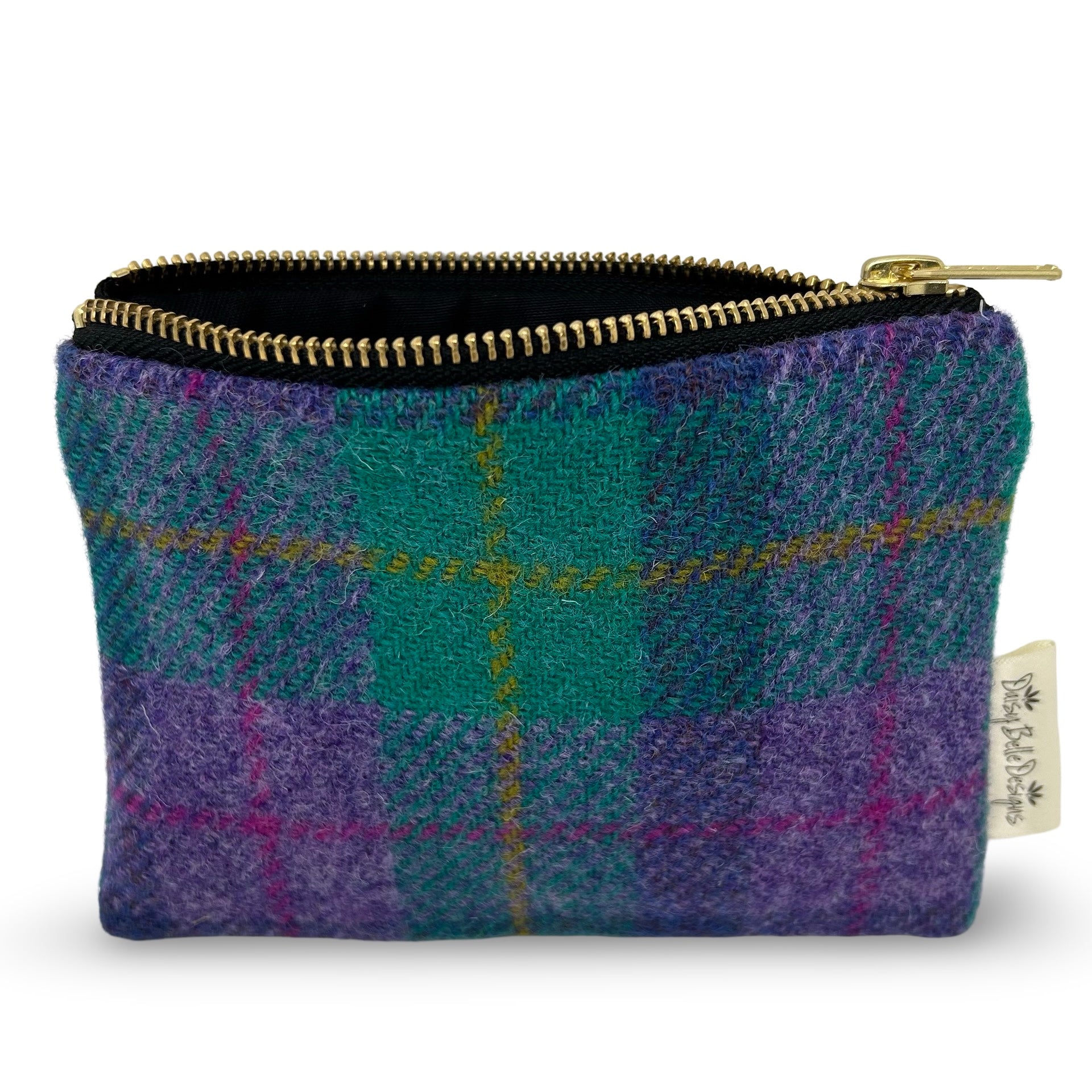 Rectangular Harris tweed purse in turquoise and lilac check tweed. Shown here with the gold zip open and showing the black inner lining.