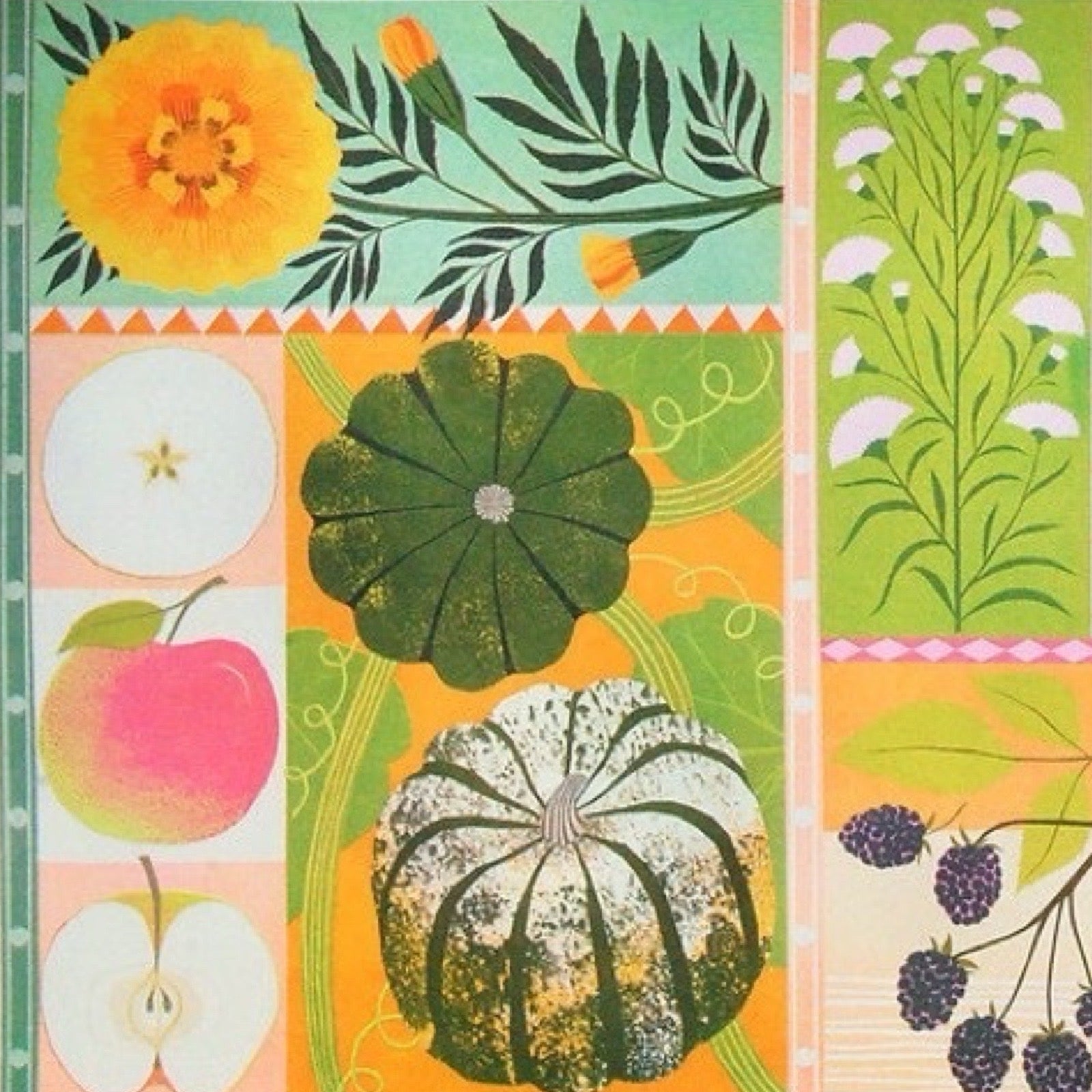 Risograph art print featuring apples, pears and berries.