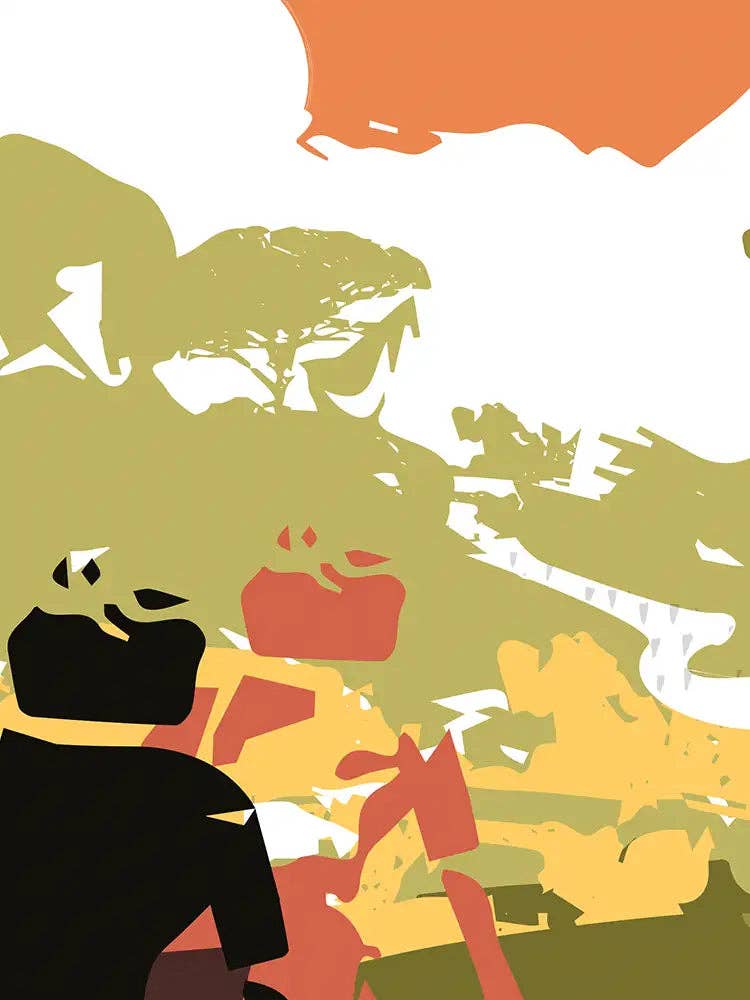 Abstract graphic art print featuring stylized silhouettes of a person in the foreground and a landscape with trees, rendered in black, olive green, mustard yellow, orange, and red on a white background.