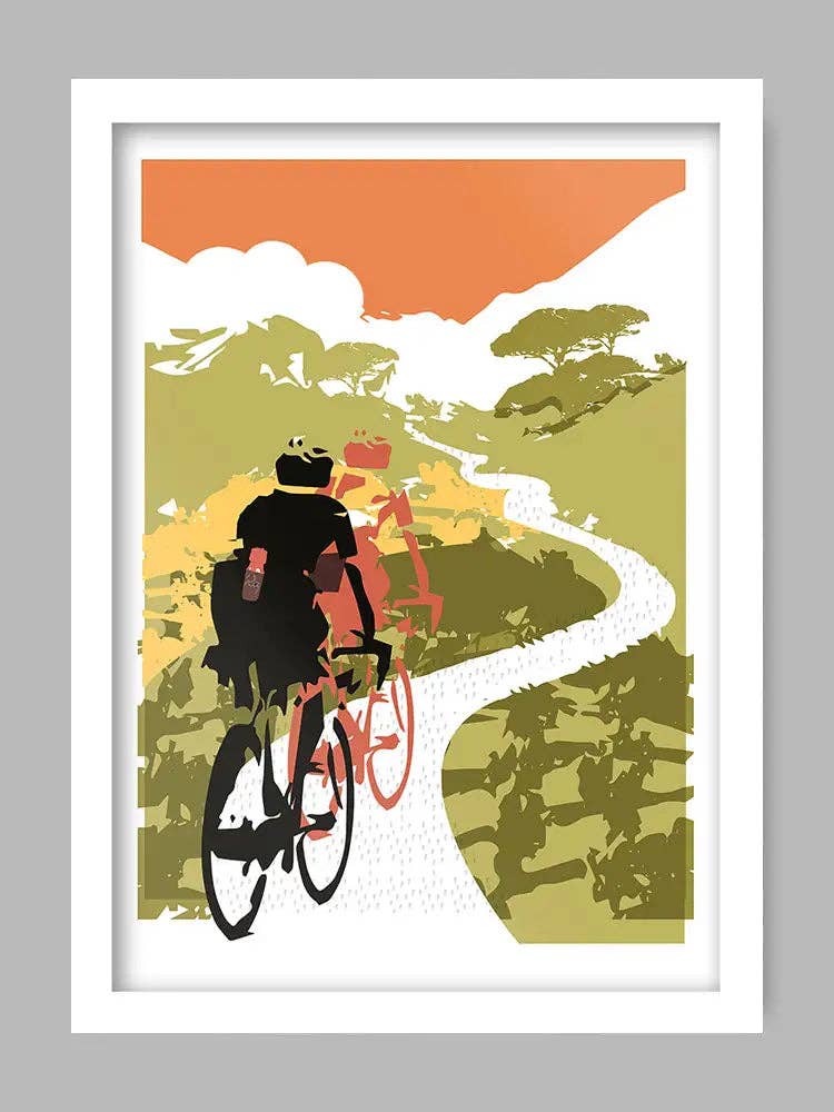 Illustration of cyclists on a winding road with a colourful sky.