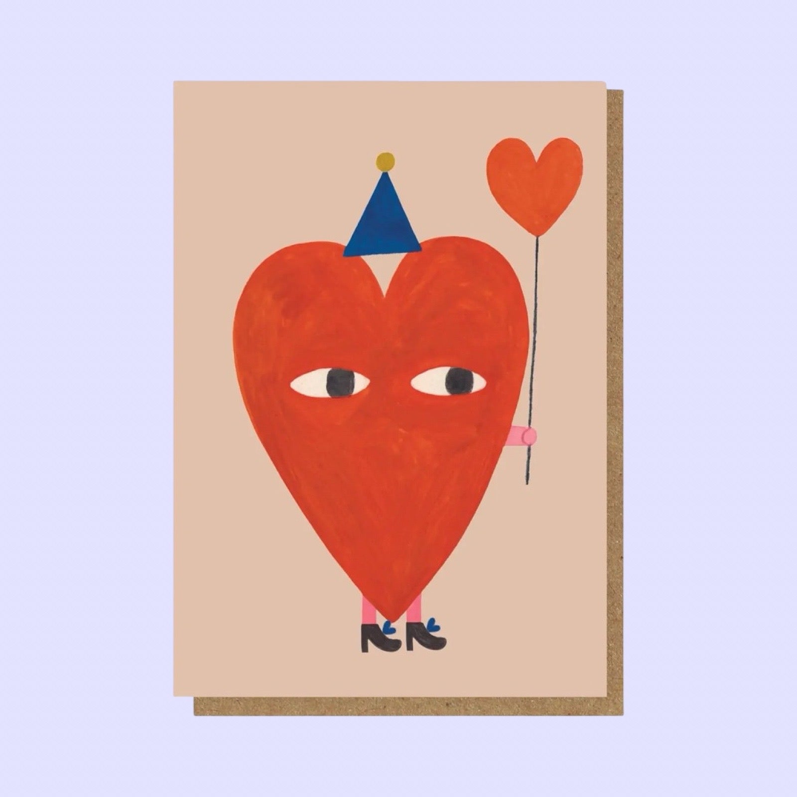 Card with a heart-shaped character holding a balloon on a light purple background.