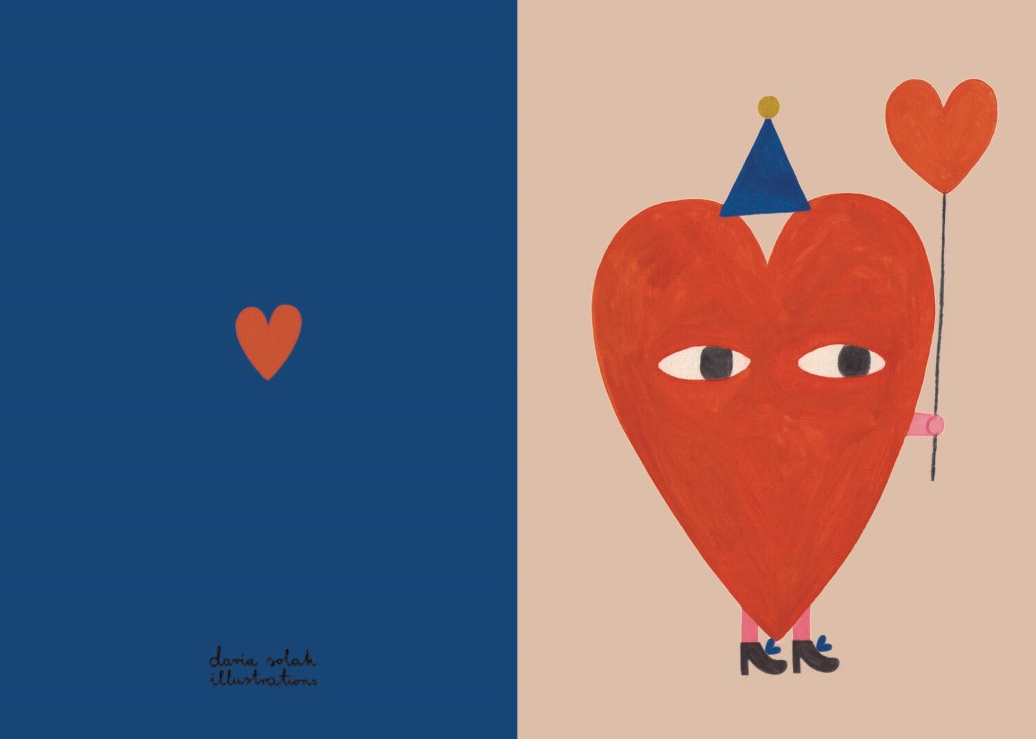 Illustration of a heart-shaped character with a blue hat on a beige background, with a small heart on a blue background.