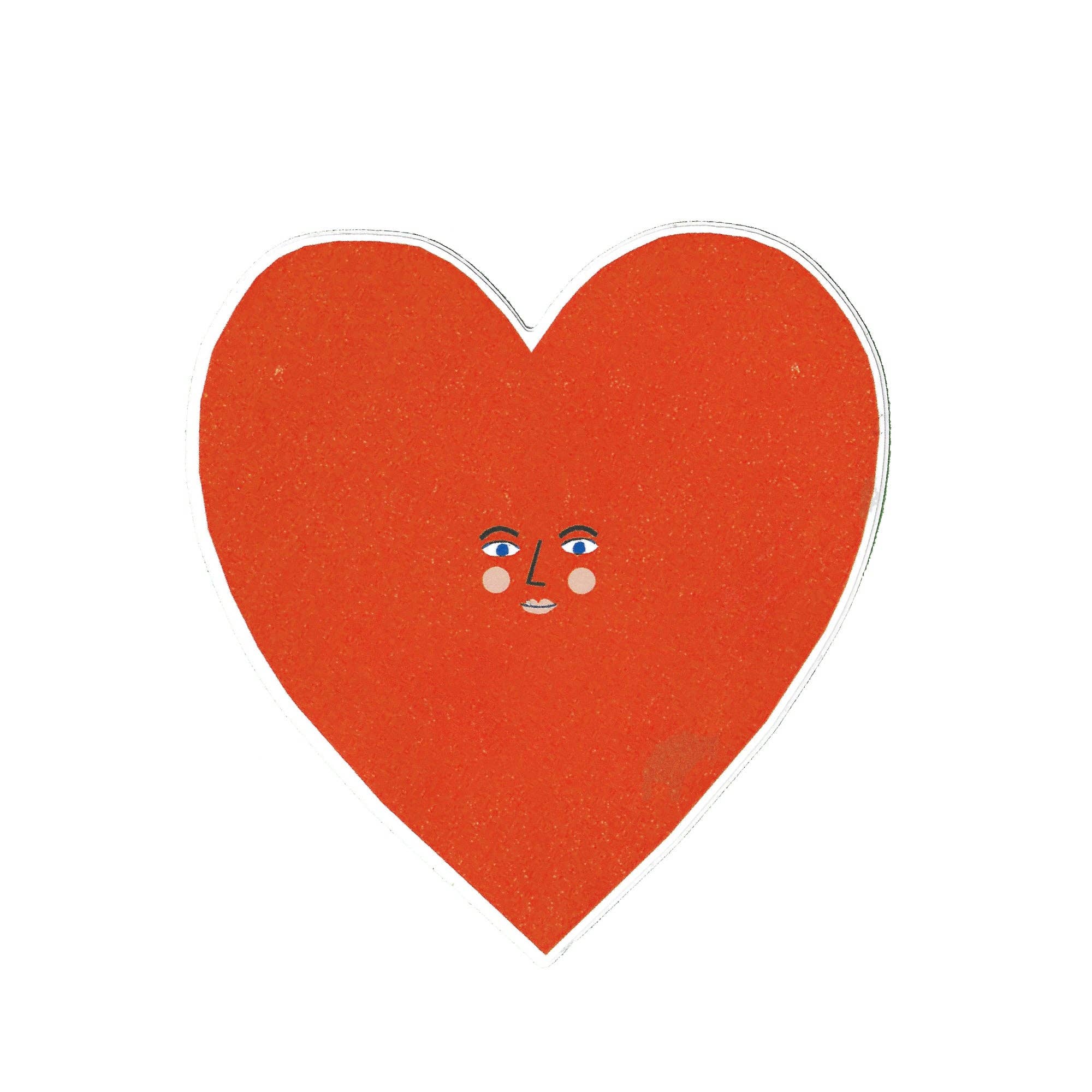 A red heart-shaped sticker with a cute cartoon face and a white border, shown on a plain white background.