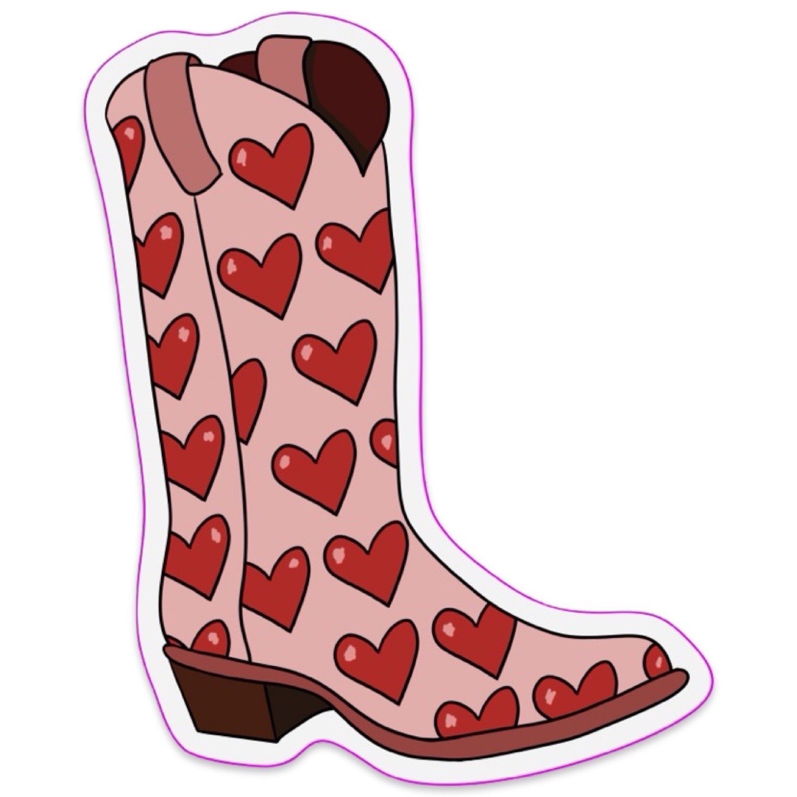 Pink cowboy boot sticker with red heart patterns on a white background.