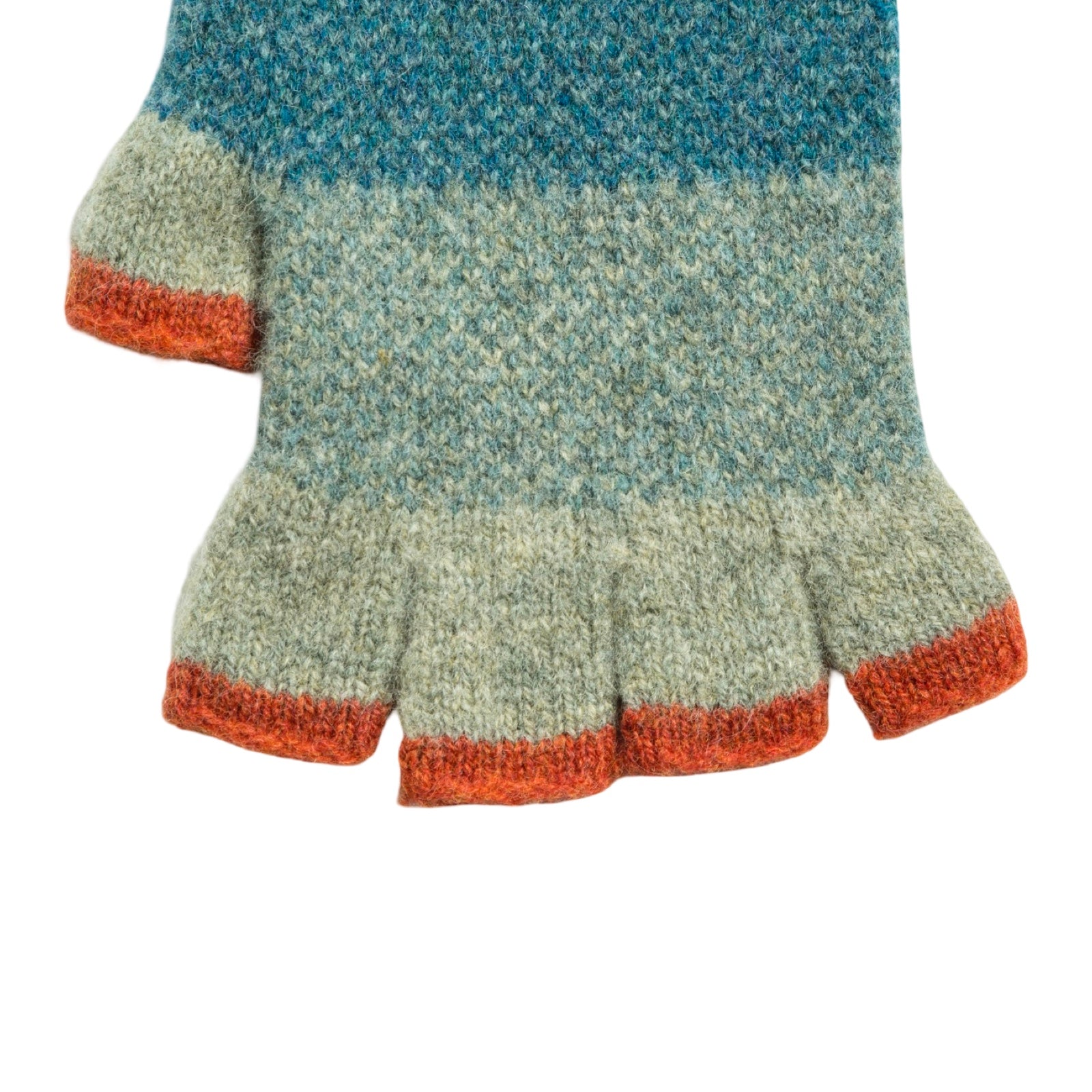 Knitted fingerless gloves with a multicolor pattern on a white background.