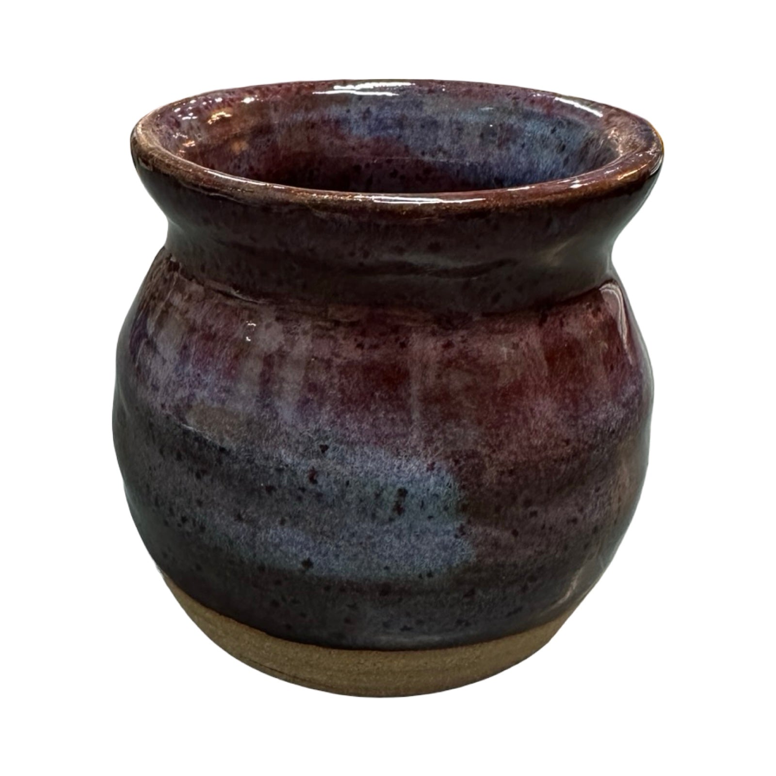 Ceramic pot with purple and brown glaze on a white background.
