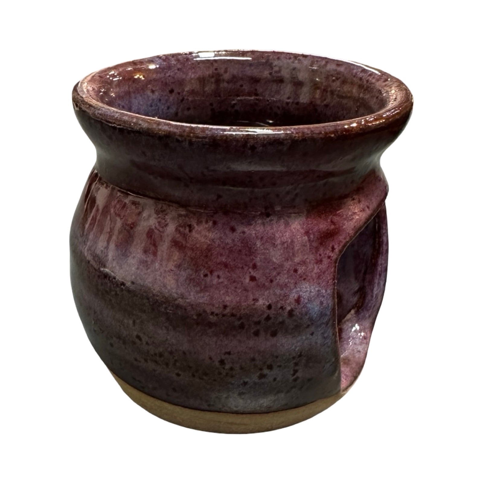 Ceramic oil burner with a speckled purple glaze on a white background.