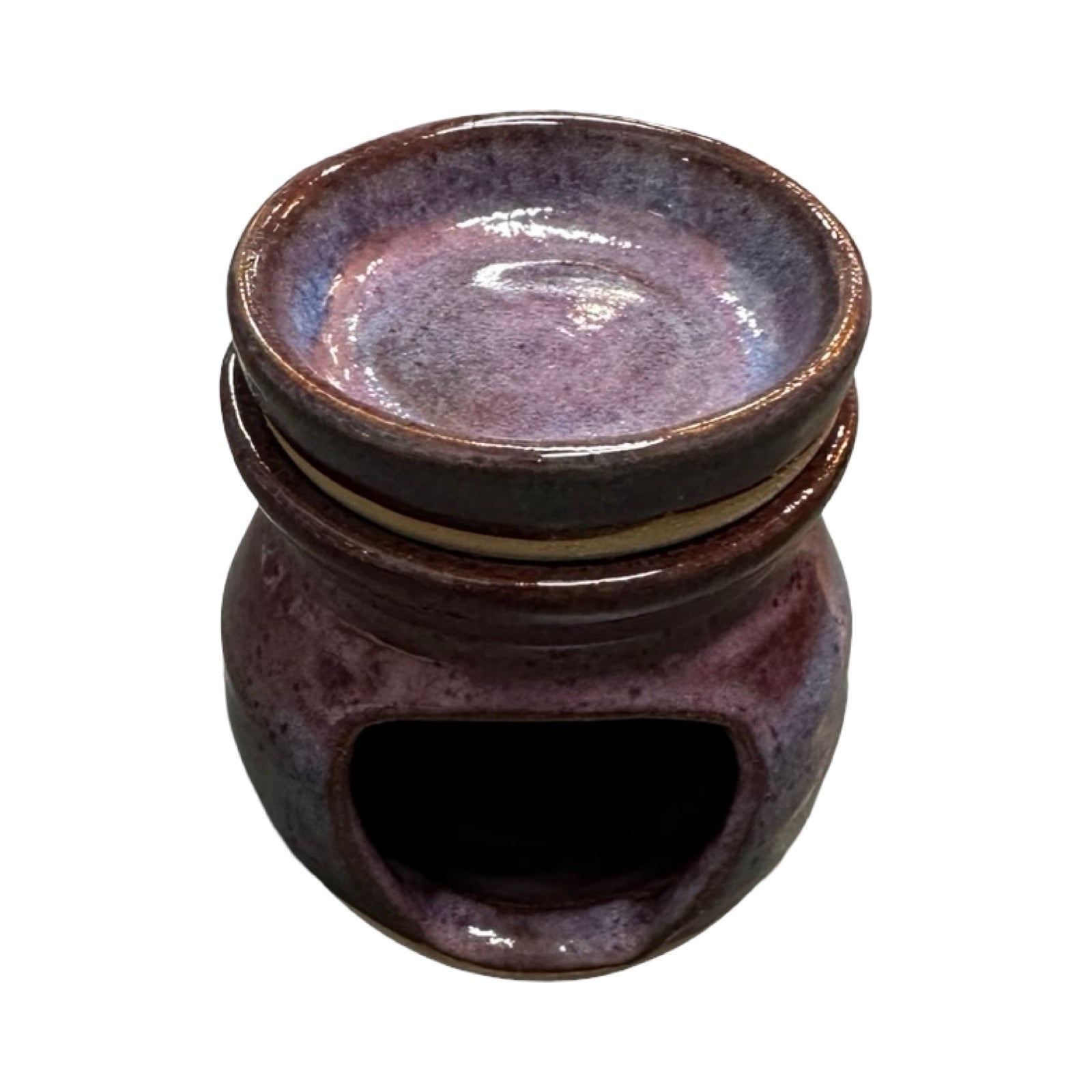 Ceramic oil burner with a purple glaze on a white background.