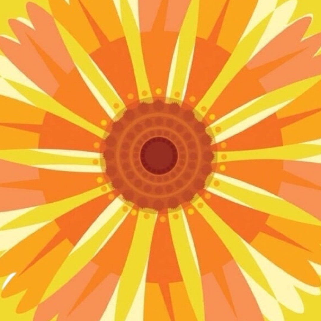 Colourful abstract flower design with orange, yellow, and pink petals.