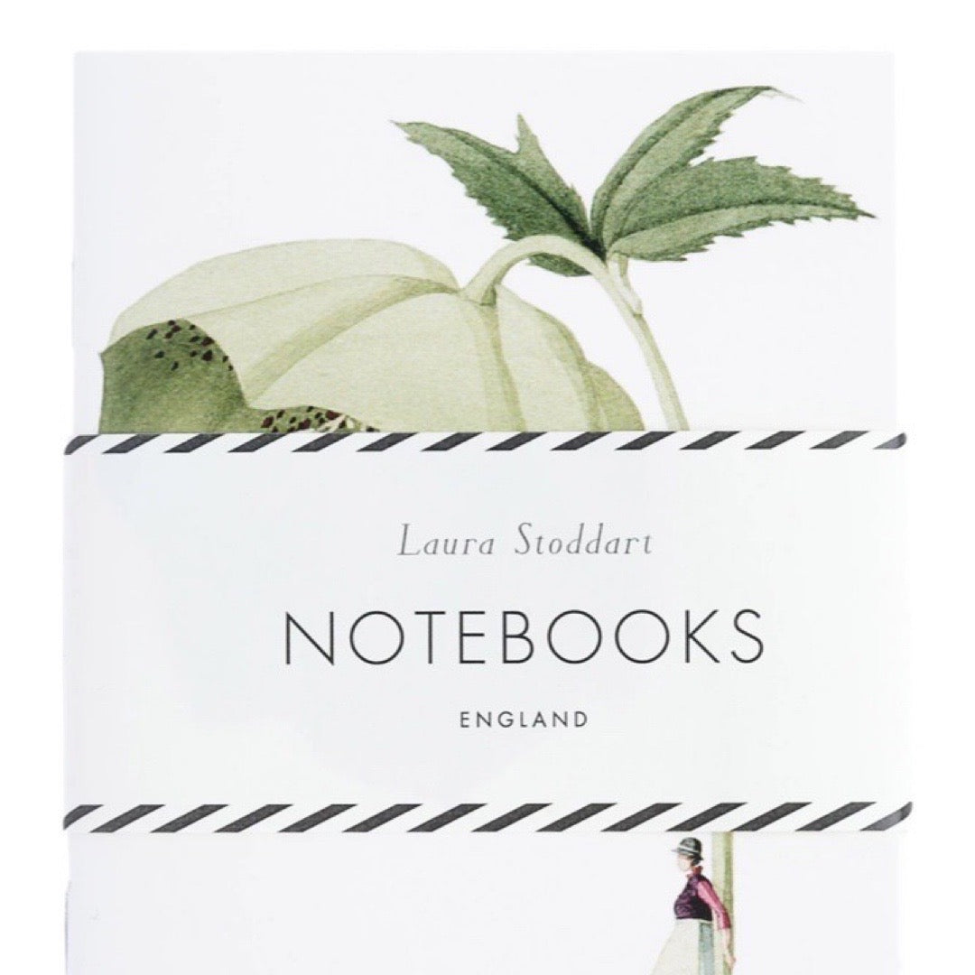 Notebook cover with plant design and 'Laura Stoddart Notebooks England' text.