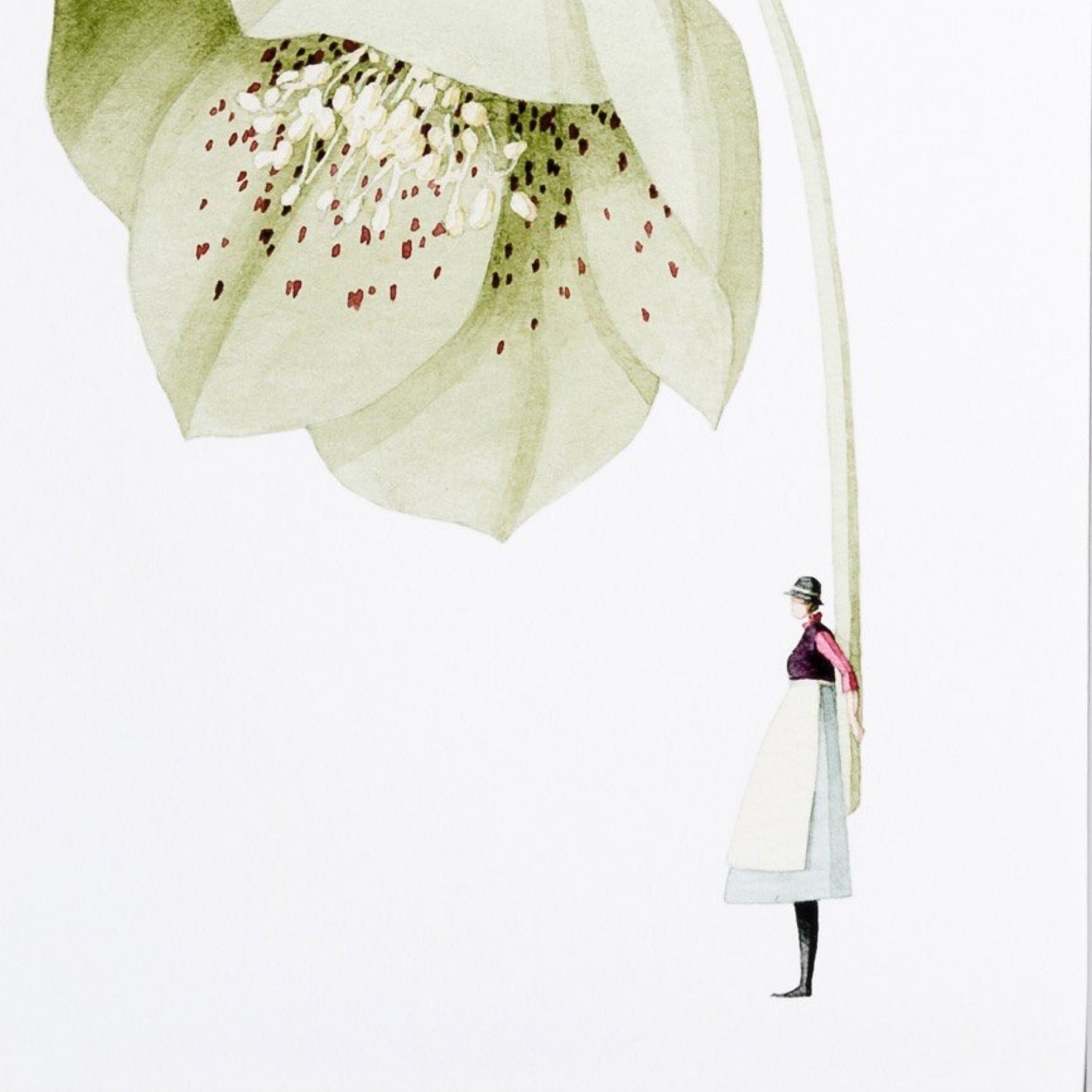 Illustration of a person standing under a large flower with a white background.