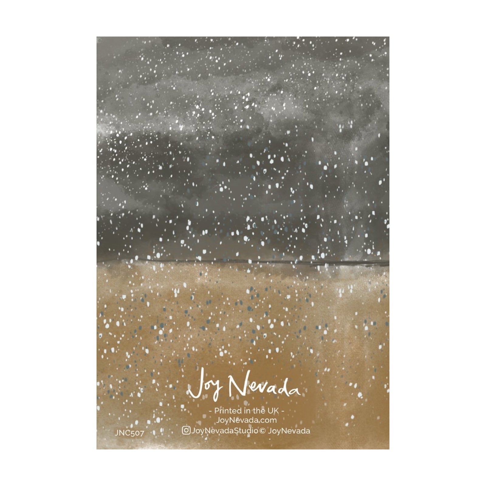 The back of a greetings card with snow falling over a brown landscape with a dark sky.