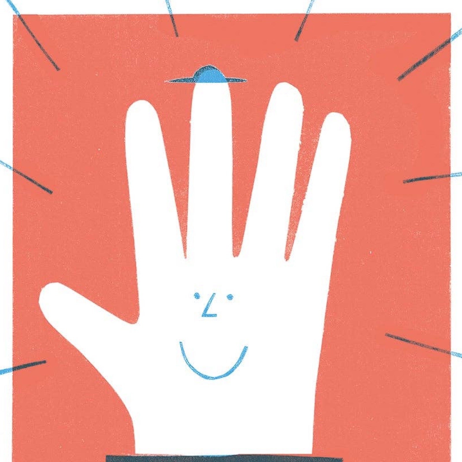 Say hello with this card featuring a hand with a smiling face in the centre and a cowboy hat on the end of the middle finger, the text 'hey' is written underneath.