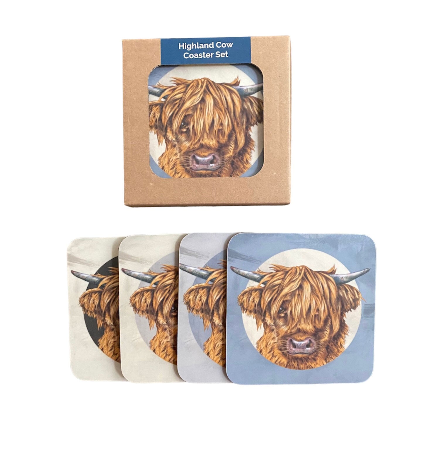 An image of a boxed set of Highland Cow coasters.