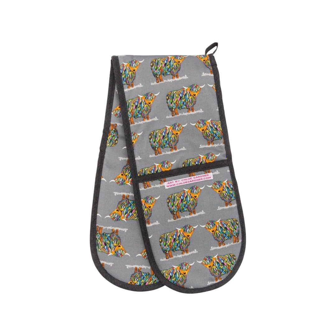 Grey oven gloves featuring multi-coloured highland cows.