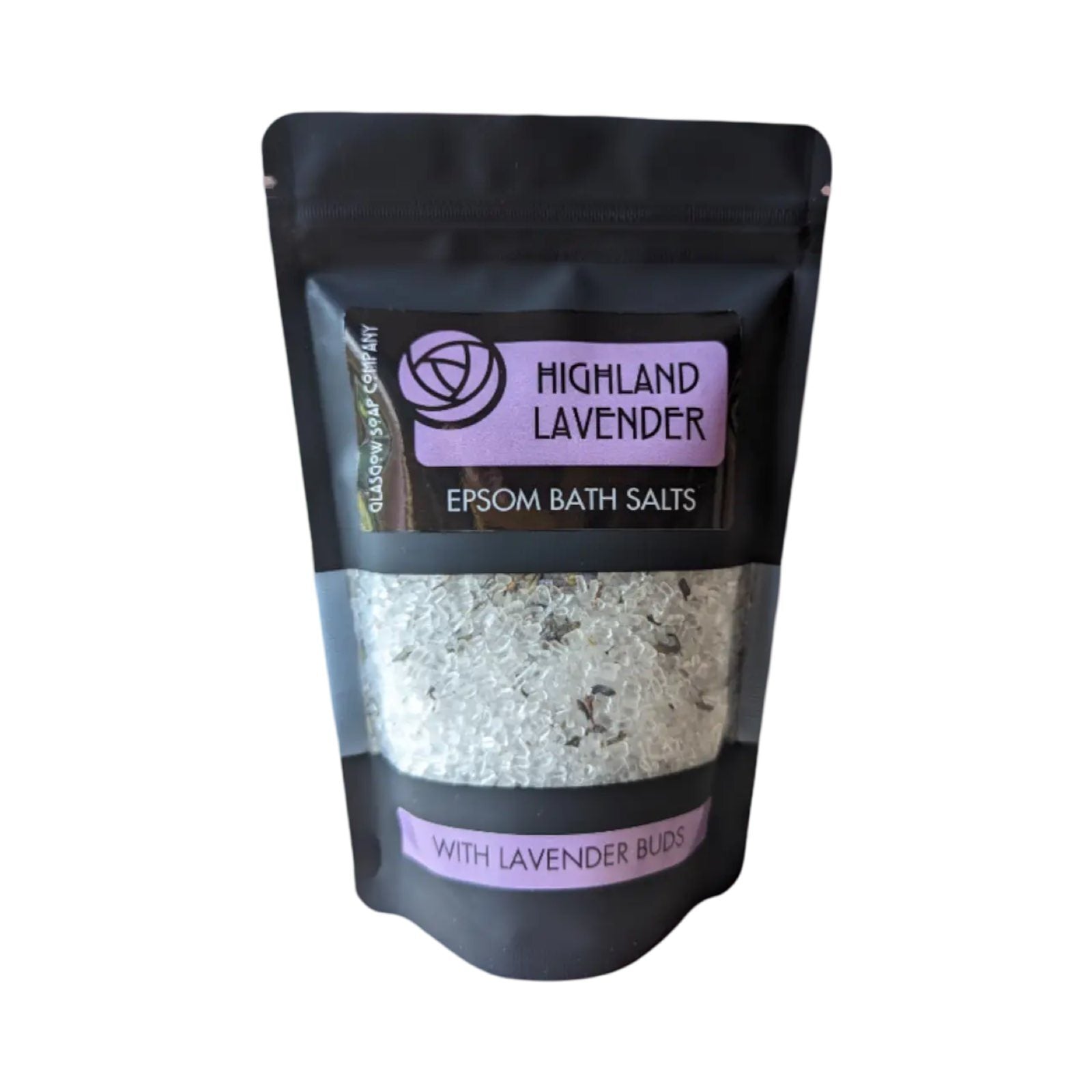 A black packet of highland lavender fragranced epsom bath salts.