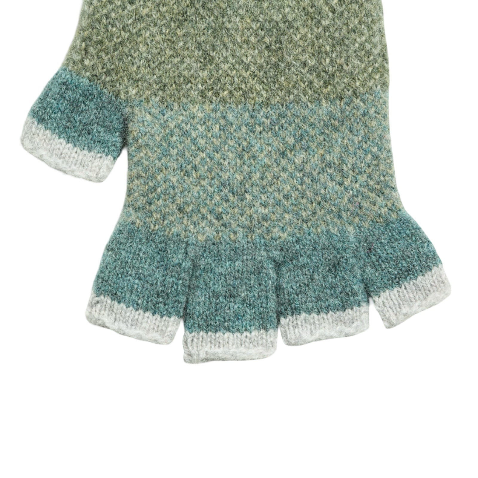 Knitted fingerless gloves with a patterned design on a white background.