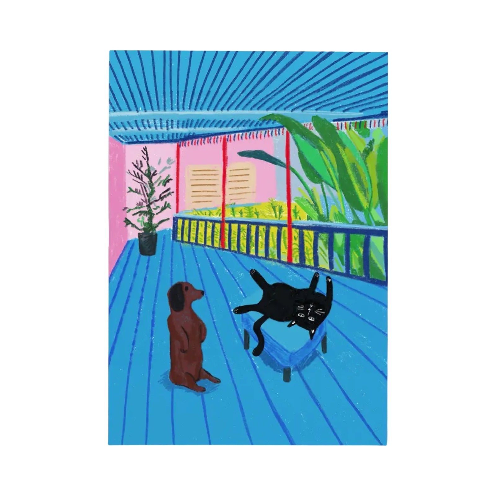 Card featuring an illustration based on the David Hockney painting 'A Bigger Interior with Blue Terrace and Garden' with a black cat and a brown sausage dog.