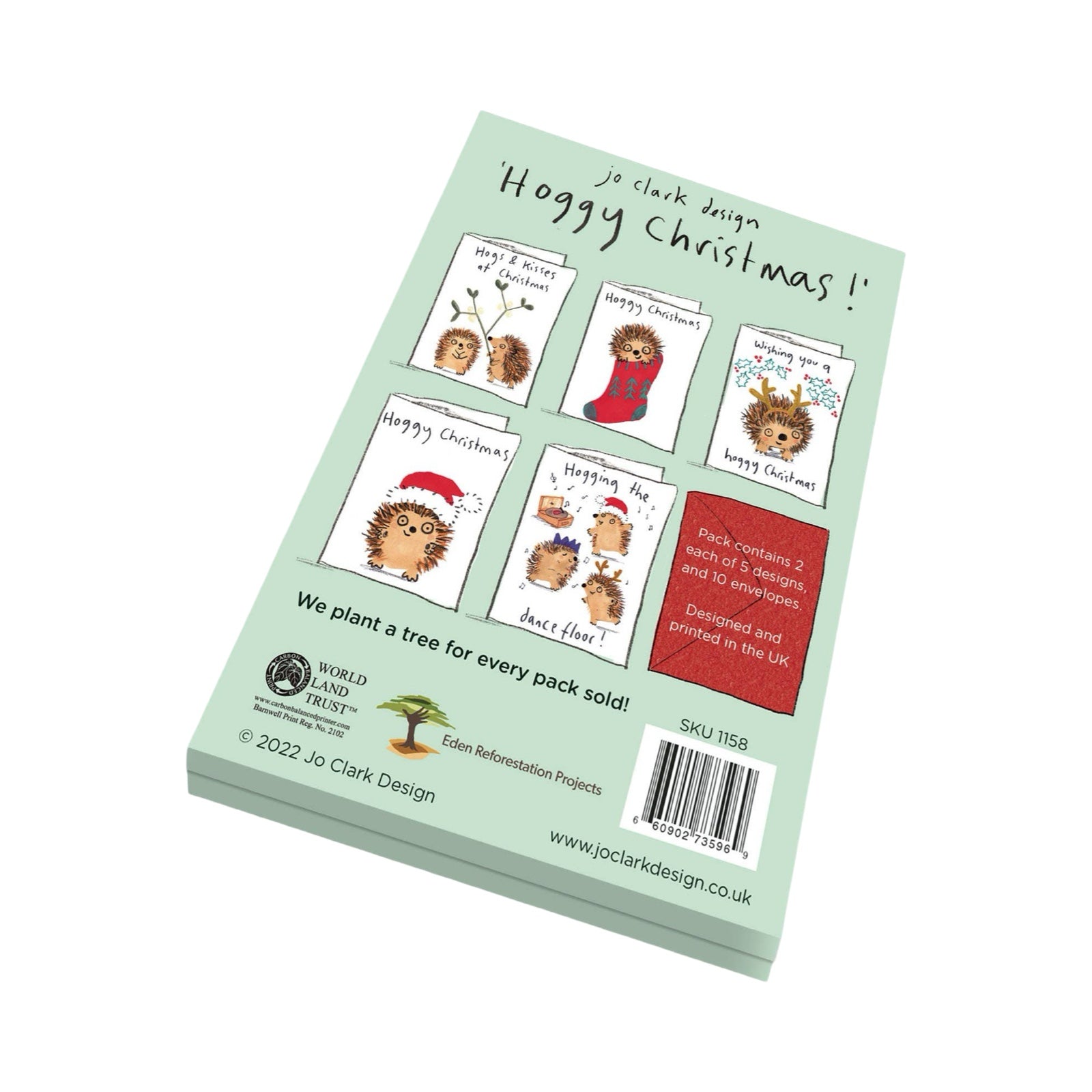 The back of a Hoggy Christmas card pack showing the 5 different designs in the pack