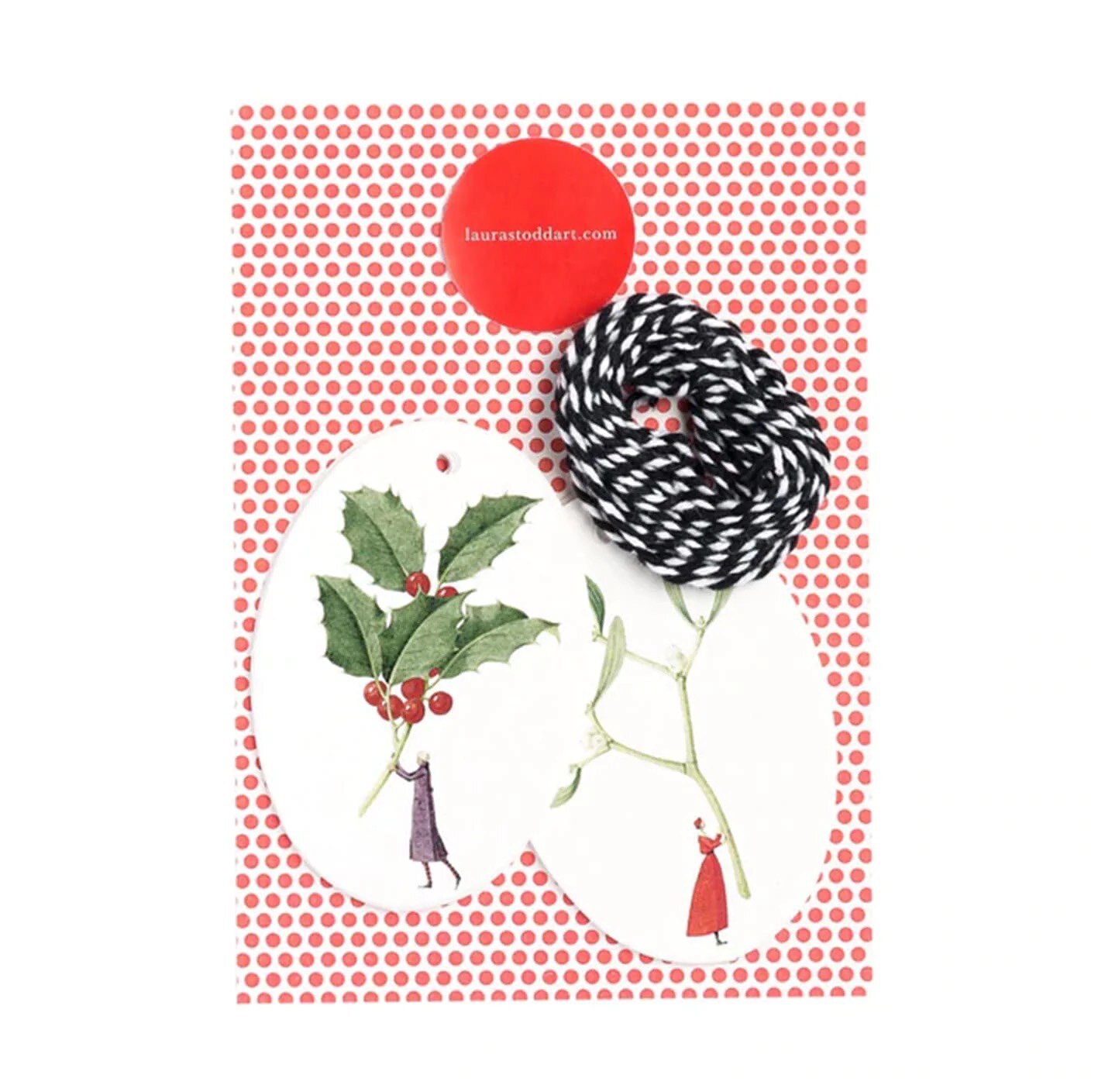 Pack of 12 illustrated Christmas gift tags, 6 gift tags in holly design featuring a giant holly stem with red berried being held by a man in a long purple coat, and 6 gift tags in mistletoe design featuring a giant piece of mistletoe being held by a lady in a red coat.