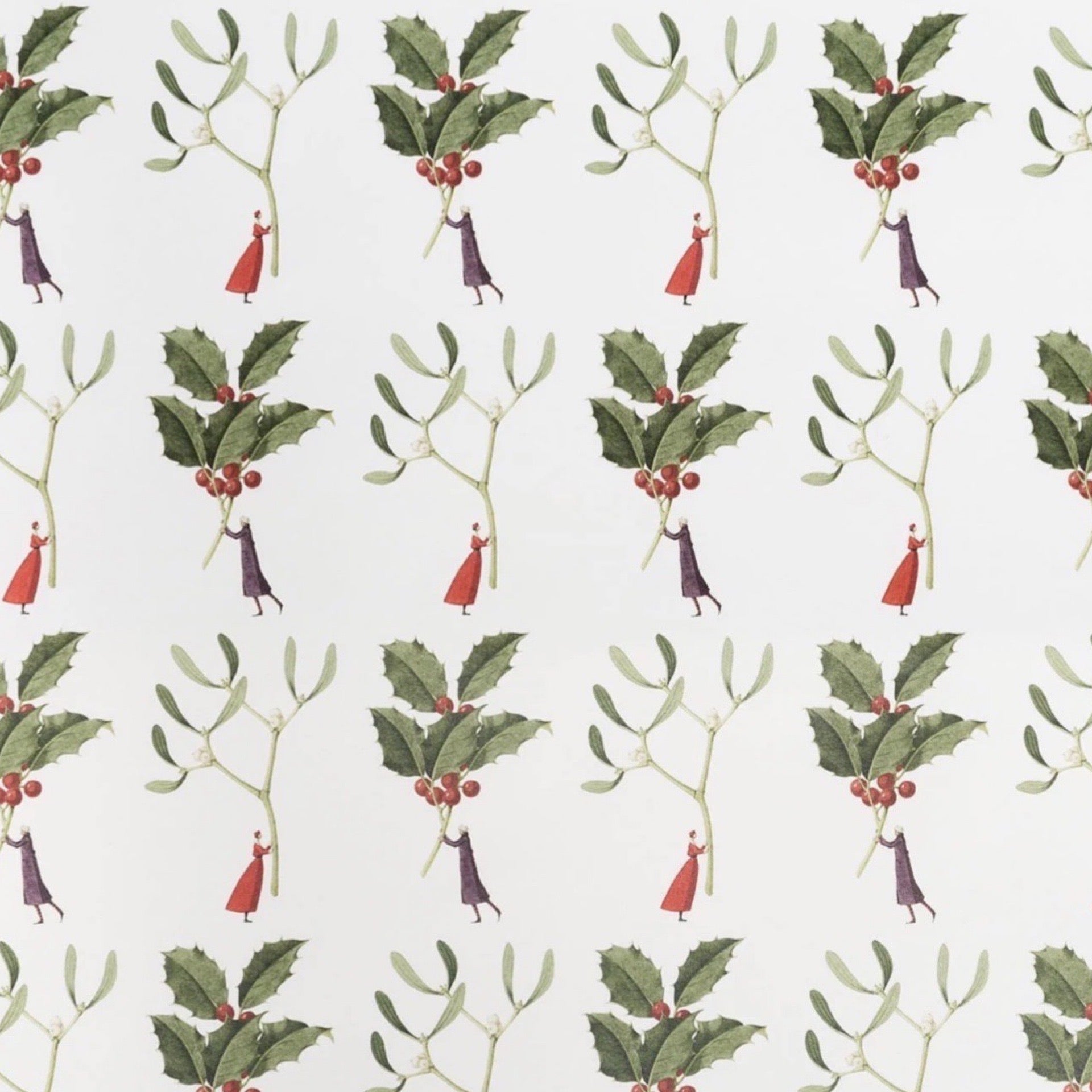 Pattern of mistletoe leaves with red berries and small figures in red dresses and purple outfits on a light background.