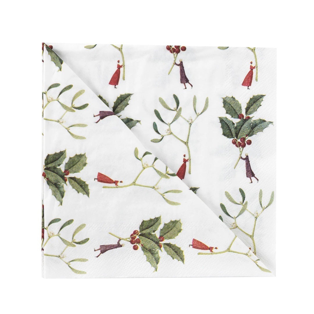 This pack of Christmas paper napkins is perfect for your Christmas table! They feature illustrations of men and women in long overcoats holding giant stems of holly and mistletoe.