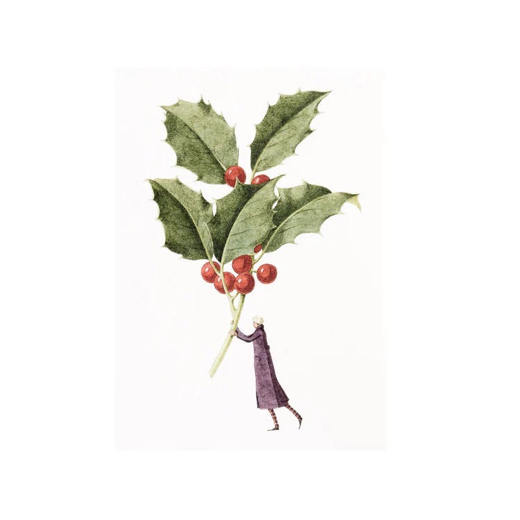 Illustration of a small figure holding a holly branch with red berries on a white background.
