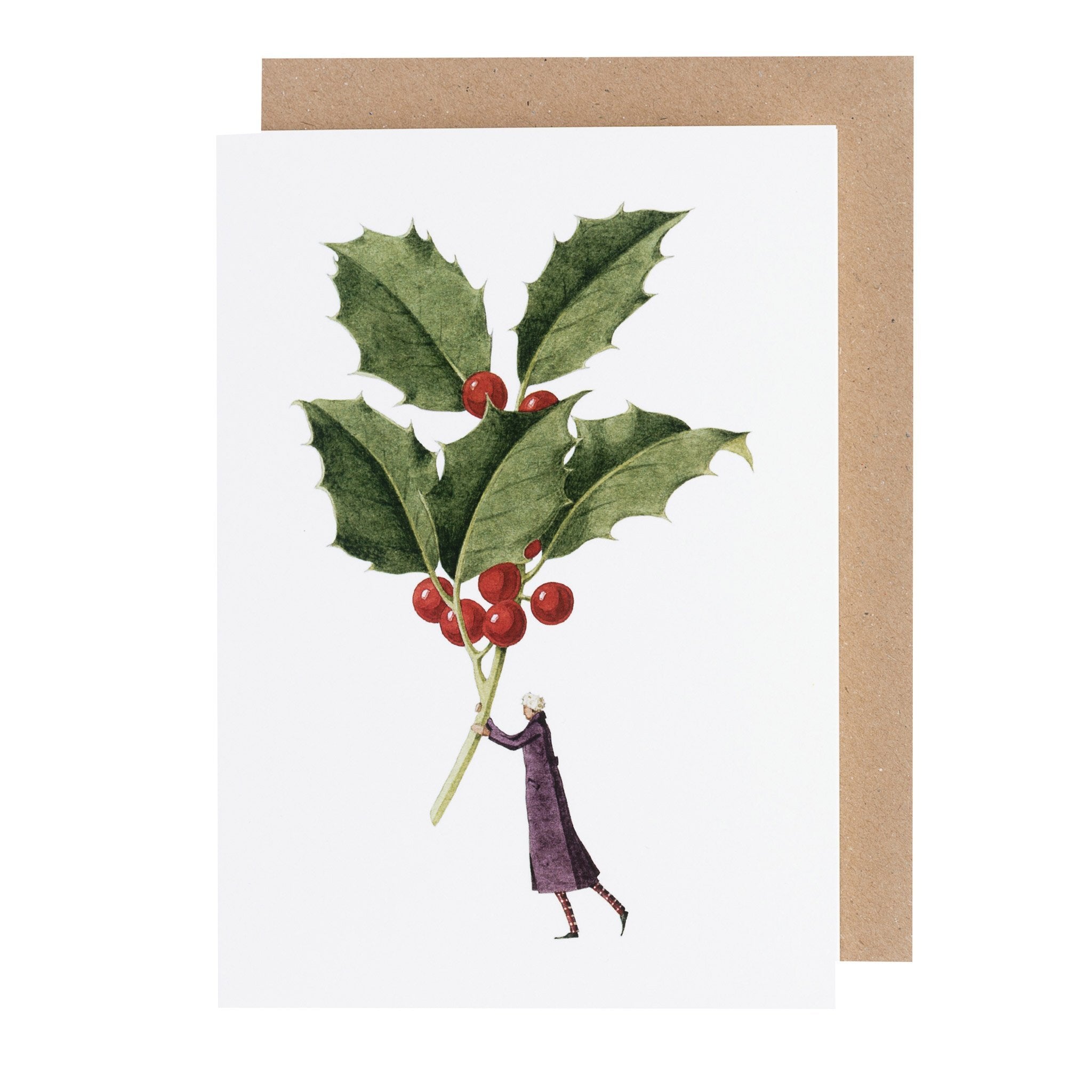 Christmas card featuring an illustration of a man in a long purple overcoat holding a giant holly stem.
