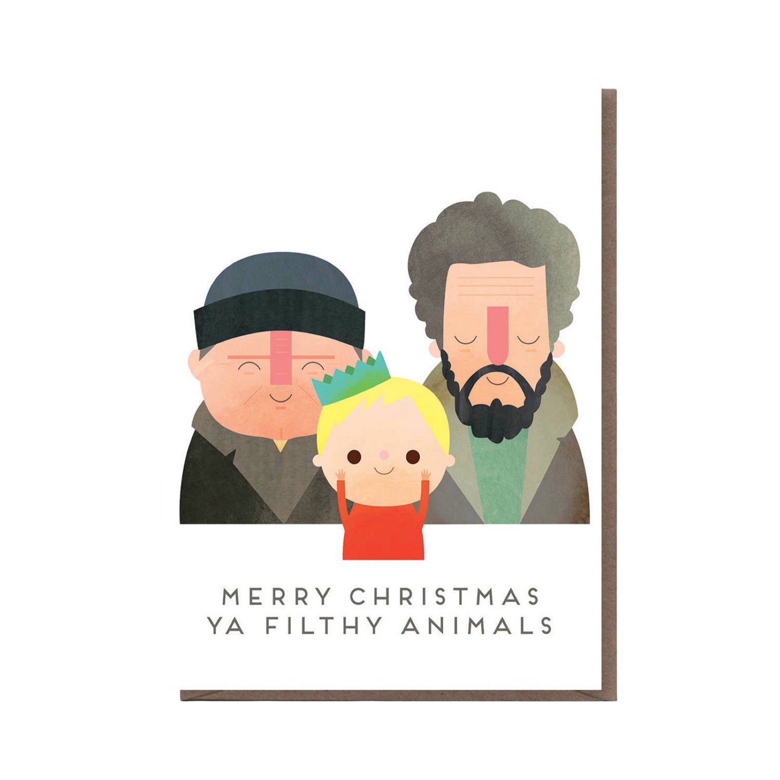 Christmas card featuring an illustration of Kevin McCallister and the home invaders from Home Alone, with the text 'Happy Christmas Ya Filthy Animals' below.