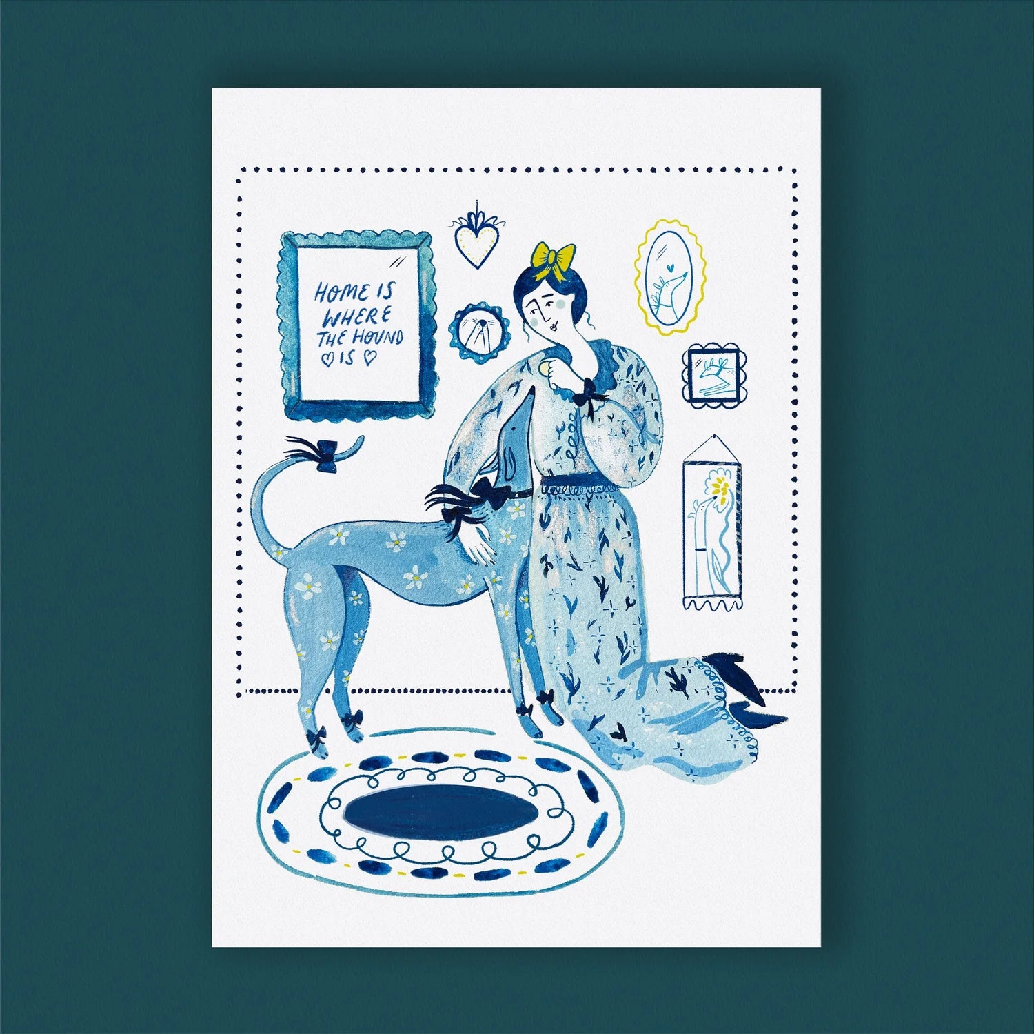 This beautiful giclee print features an illustration of a lady hugging her pet dog, on a blue background.