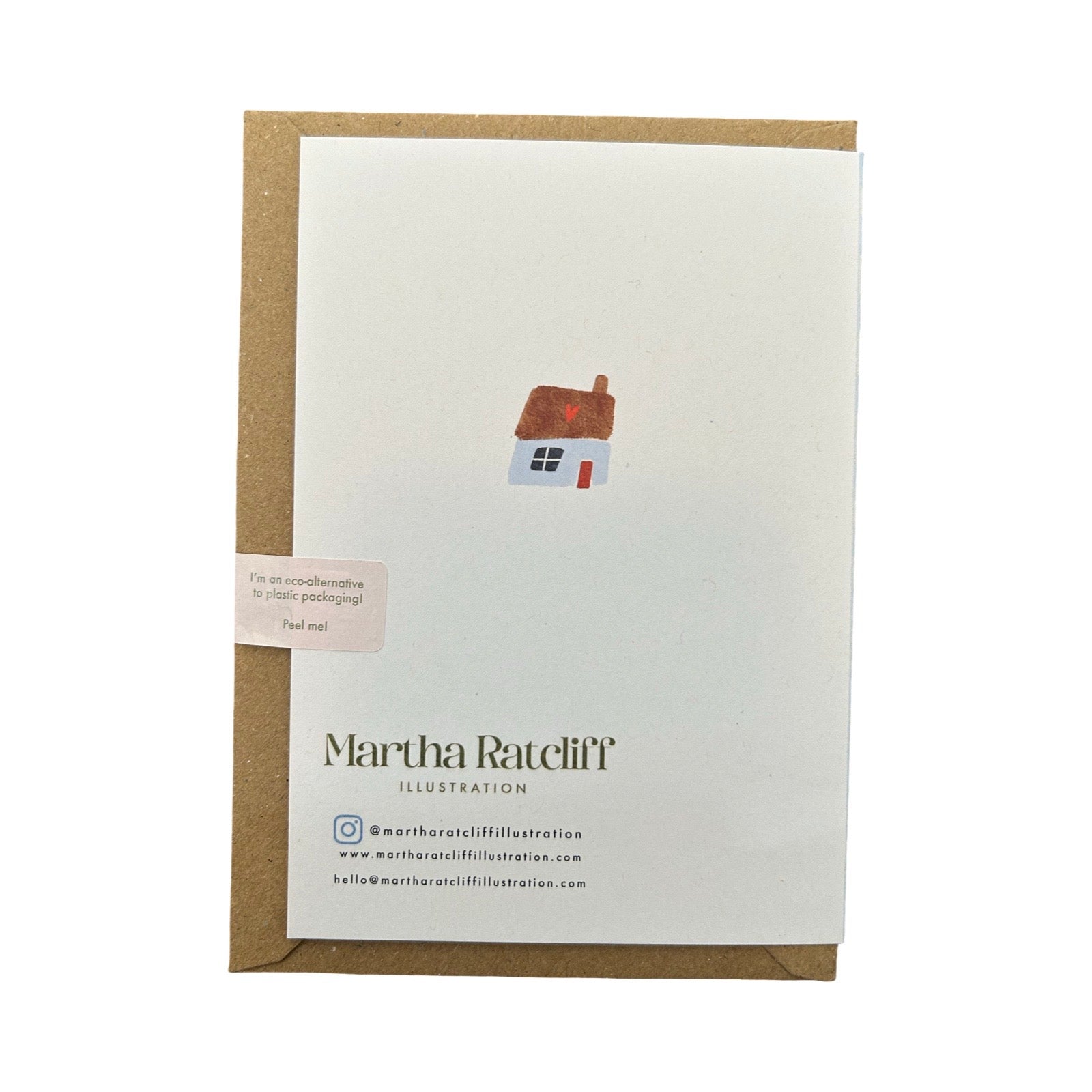 Back of Martha Ratcliff card with a house illustration and text.