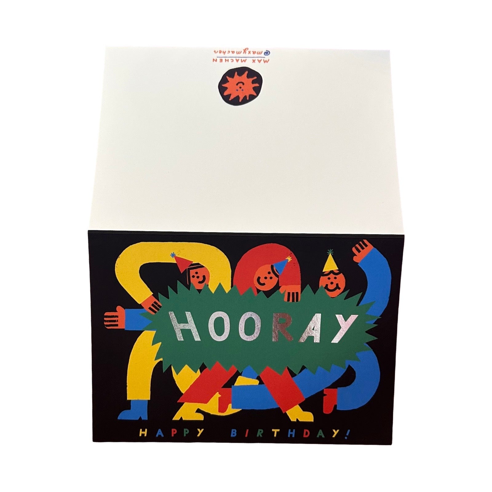 A folded birthday card with a white upper flap and a black lower panel featuring colorful abstract figures and the word 'HOORAY' in white. The card is photographed on a clean white background.