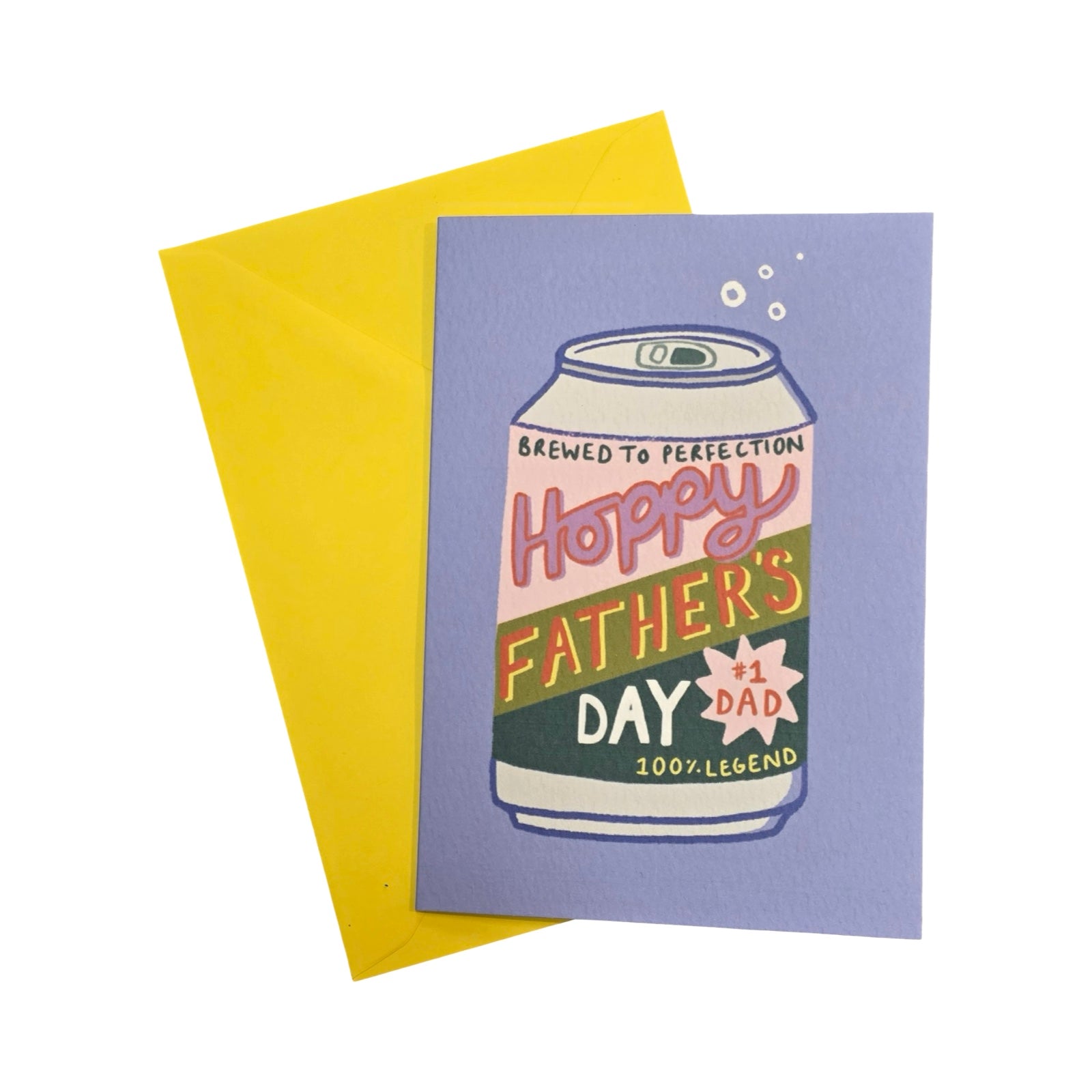 Father's Day card with beer can design on a purple background, yellow envelope.