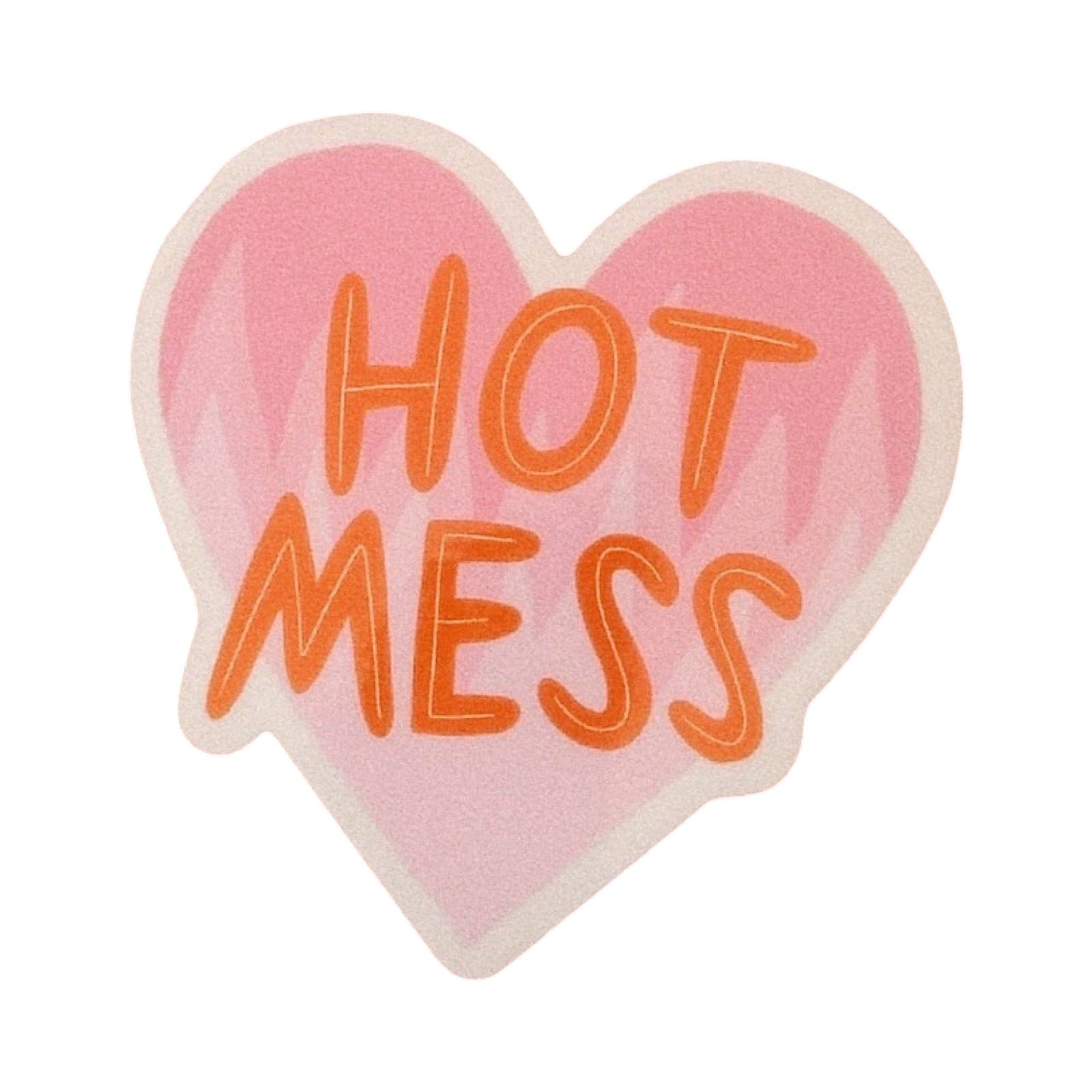A weatherproof vinyl sticker of a pink love heart with the text 'Hot Mess' in the centre.