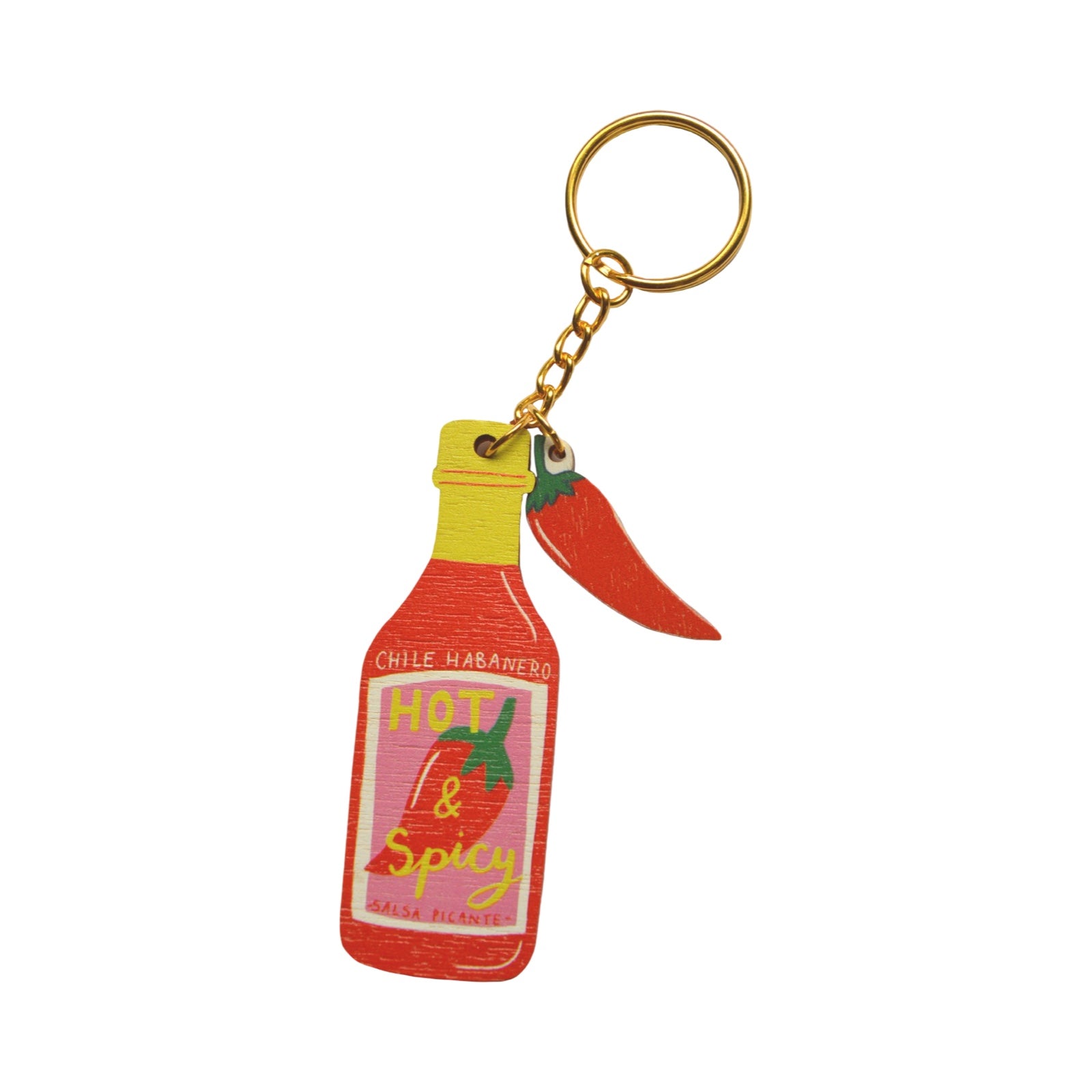 Hot sauce bottle keychain with a chilli pepper on a white background.
